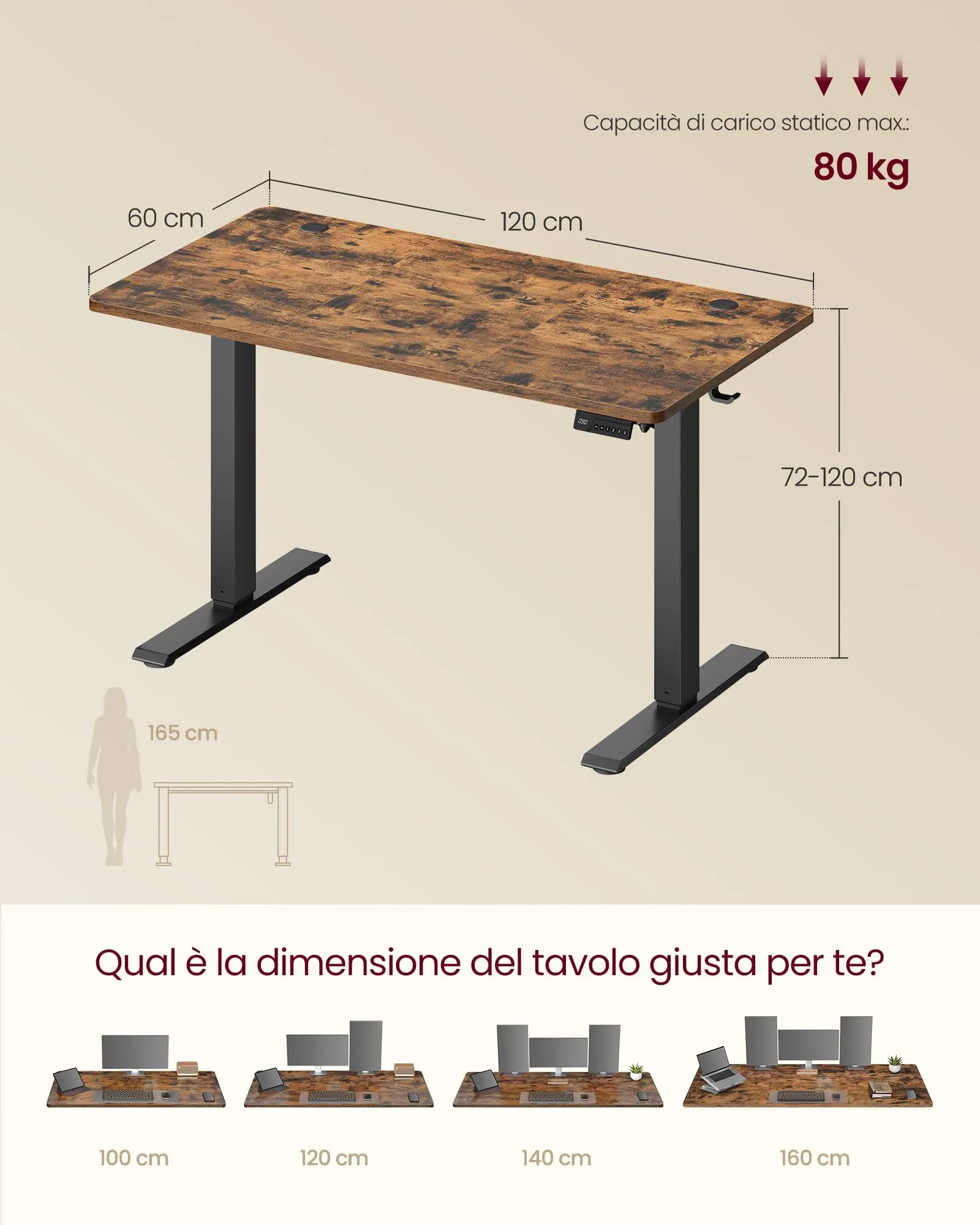 VASAGLE Scrivania Elettrica Regolabile in Altezza, 120x60x(72-120) cm, Marrone Vintage - immagine 3