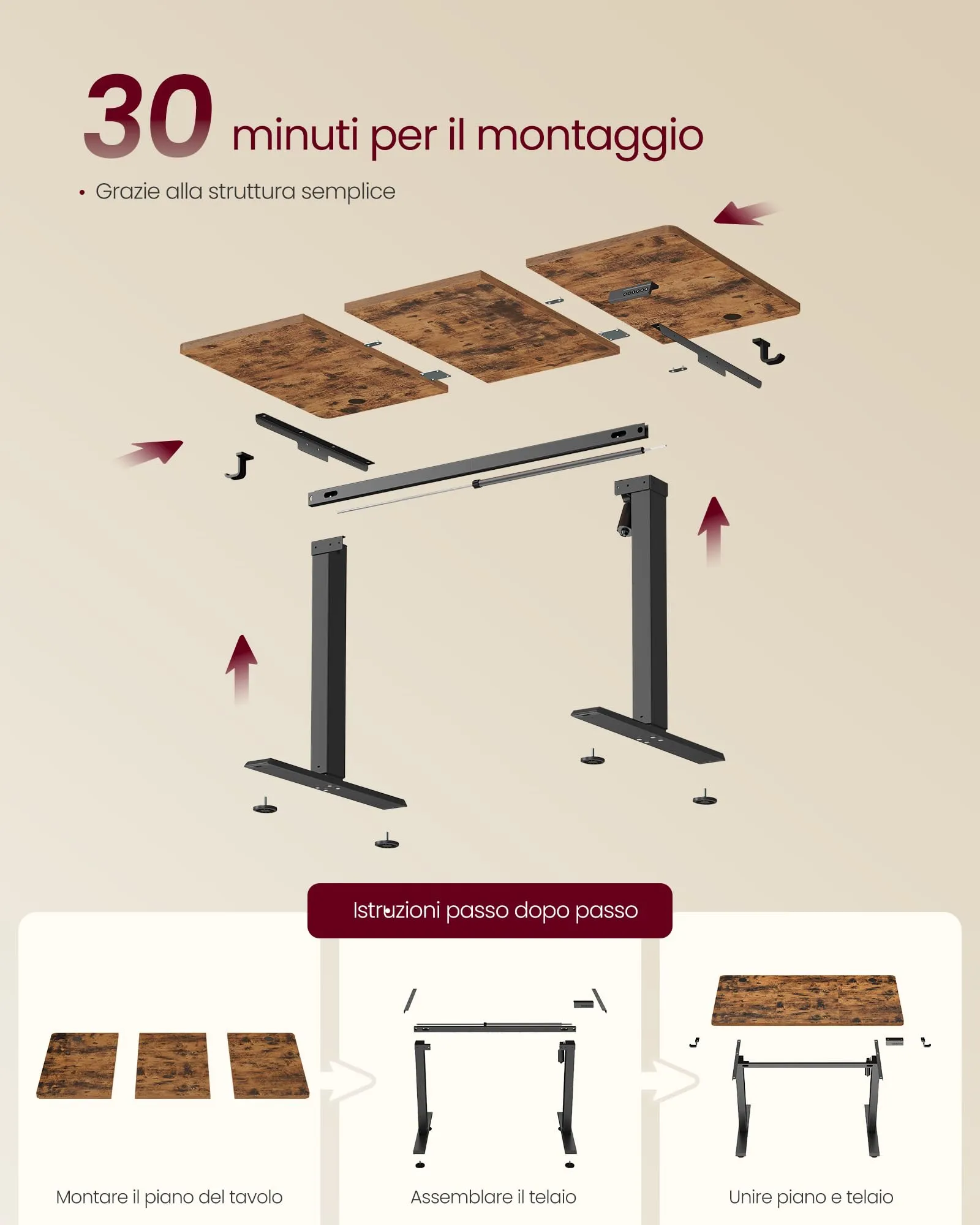 VASAGLE Scrivania Elettrica Regolabile in Altezza, 120x60x(72-120) cm, Marrone Vintage - immagine 7