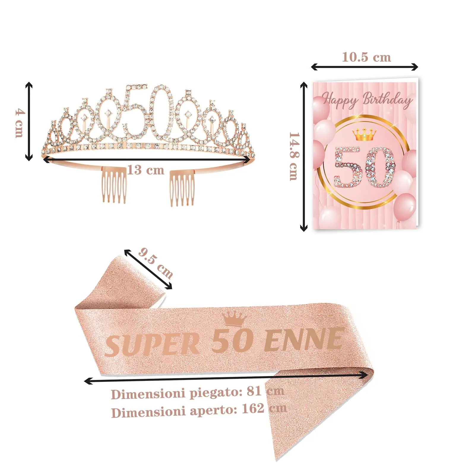 Toctax Set Regalo Compleanno 50 Anni con Fascia, Corona e Biglietto per Donna - immagine 2
