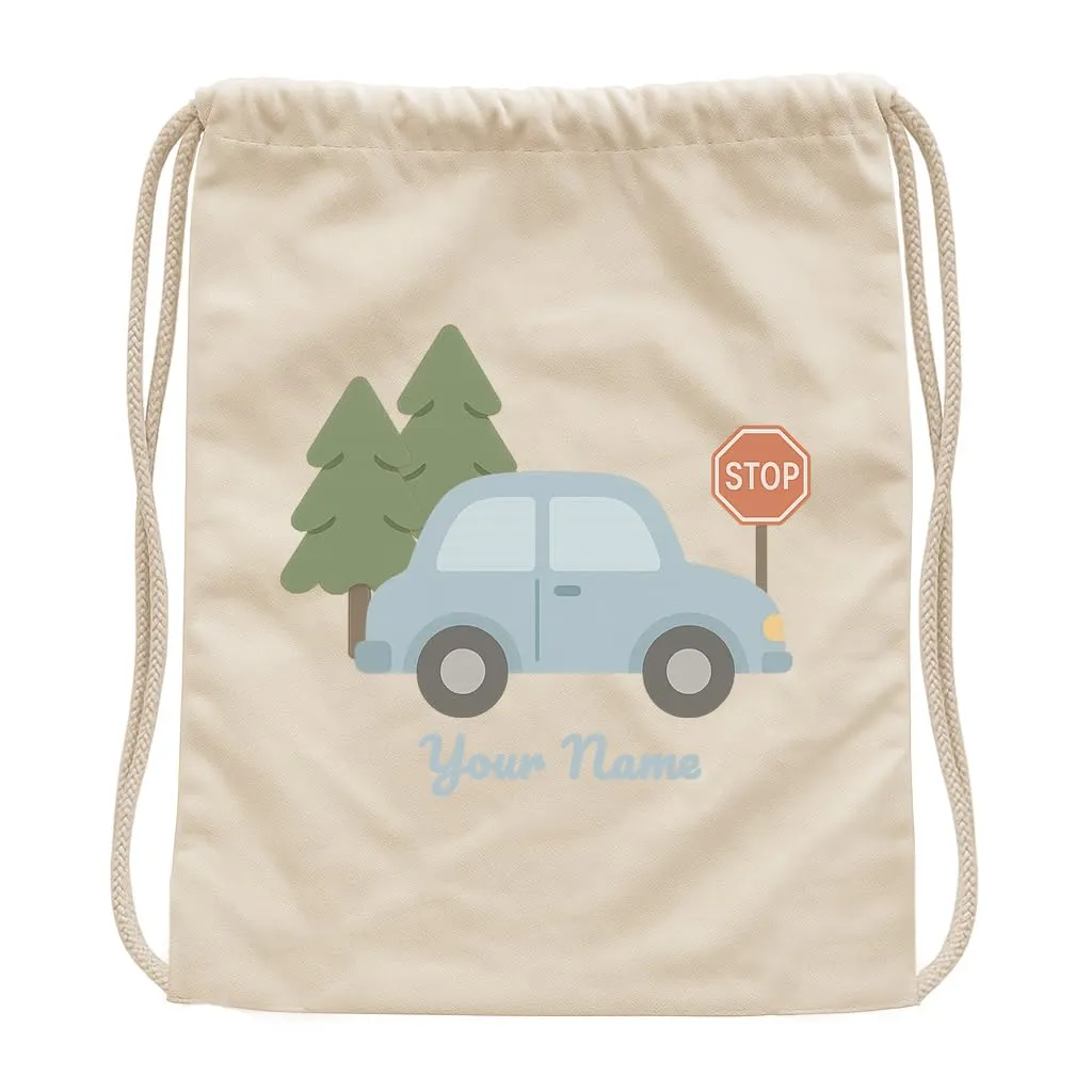 JOPHY & CO. Sacca Bambino Personalizzata con Nome, 100% Cotone, 40x36 cm, Macchina Fantasia A, Beige (COD. 8701) - immagine 1