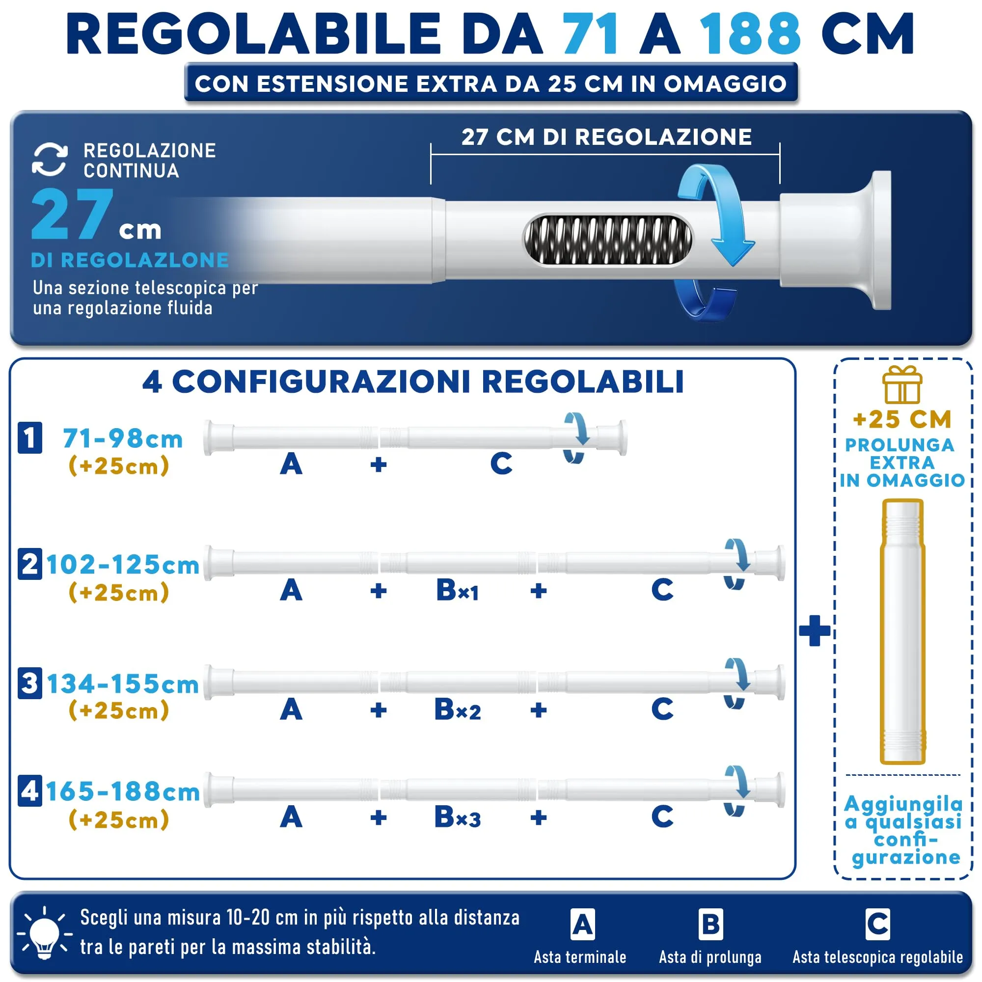 BSYXLSX Bastone Tenda a Pressione Bianco, 71-185 cm, Ø 25 mm - immagine 2