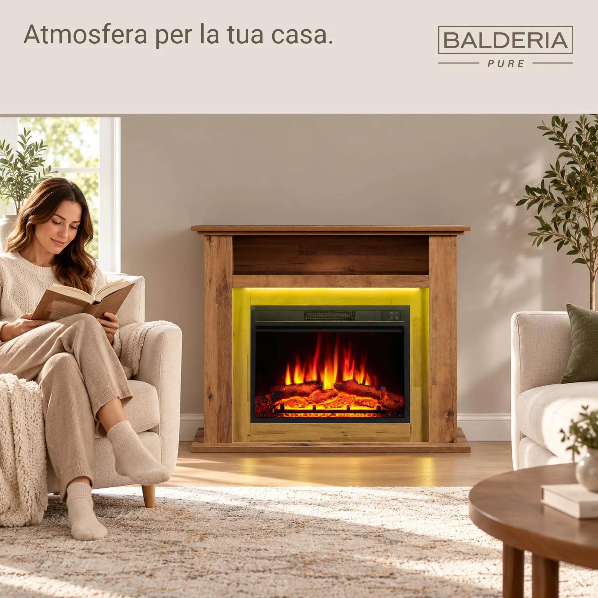 BALDERIA Liora Camino Elettrico con Vano Portaoggetti, Effetto Fiamma 3D, Riscaldamento 2000W, Timer e Telecomando - Rovere Scuro - immagine 2