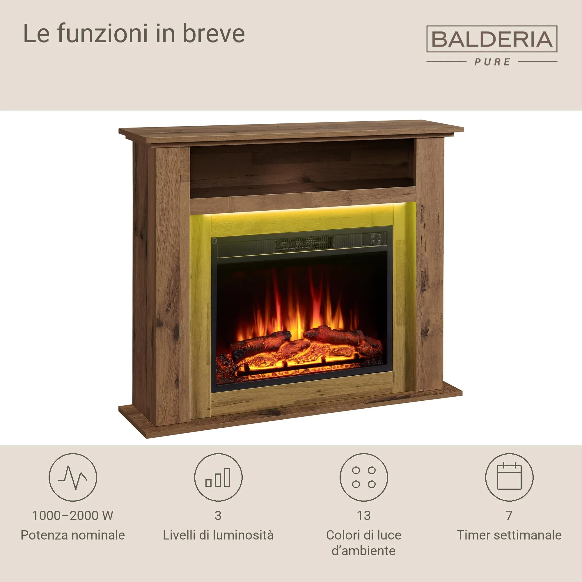 BALDERIA Liora Camino Elettrico con Vano Portaoggetti, Effetto Fiamma 3D, Riscaldamento 2000W, Timer e Telecomando - Rovere Scuro - immagine 4