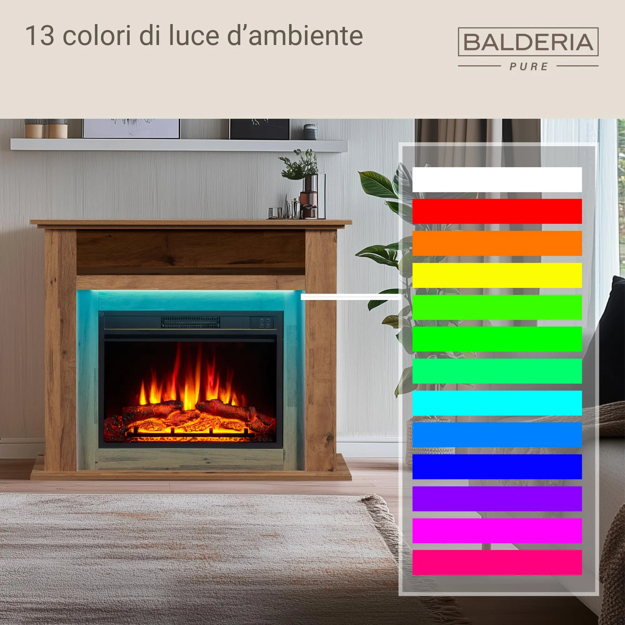 BALDERIA Liora Camino Elettrico con Vano Portaoggetti, Effetto Fiamma 3D, Riscaldamento 2000W, Timer e Telecomando - Rovere Scuro - immagine 6