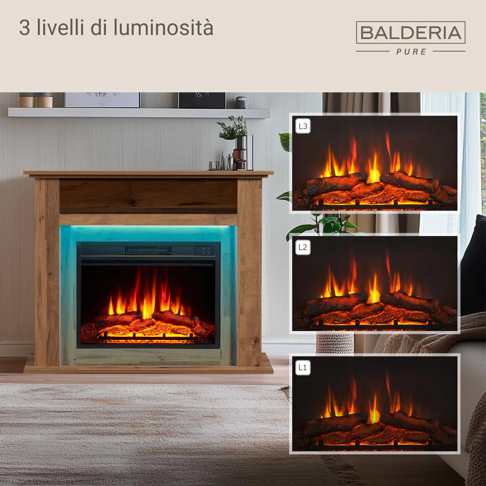 BALDERIA Liora Camino Elettrico con Vano Portaoggetti, Effetto Fiamma 3D, Riscaldamento 2000W, Timer e Telecomando - Rovere Scuro - immagine 7