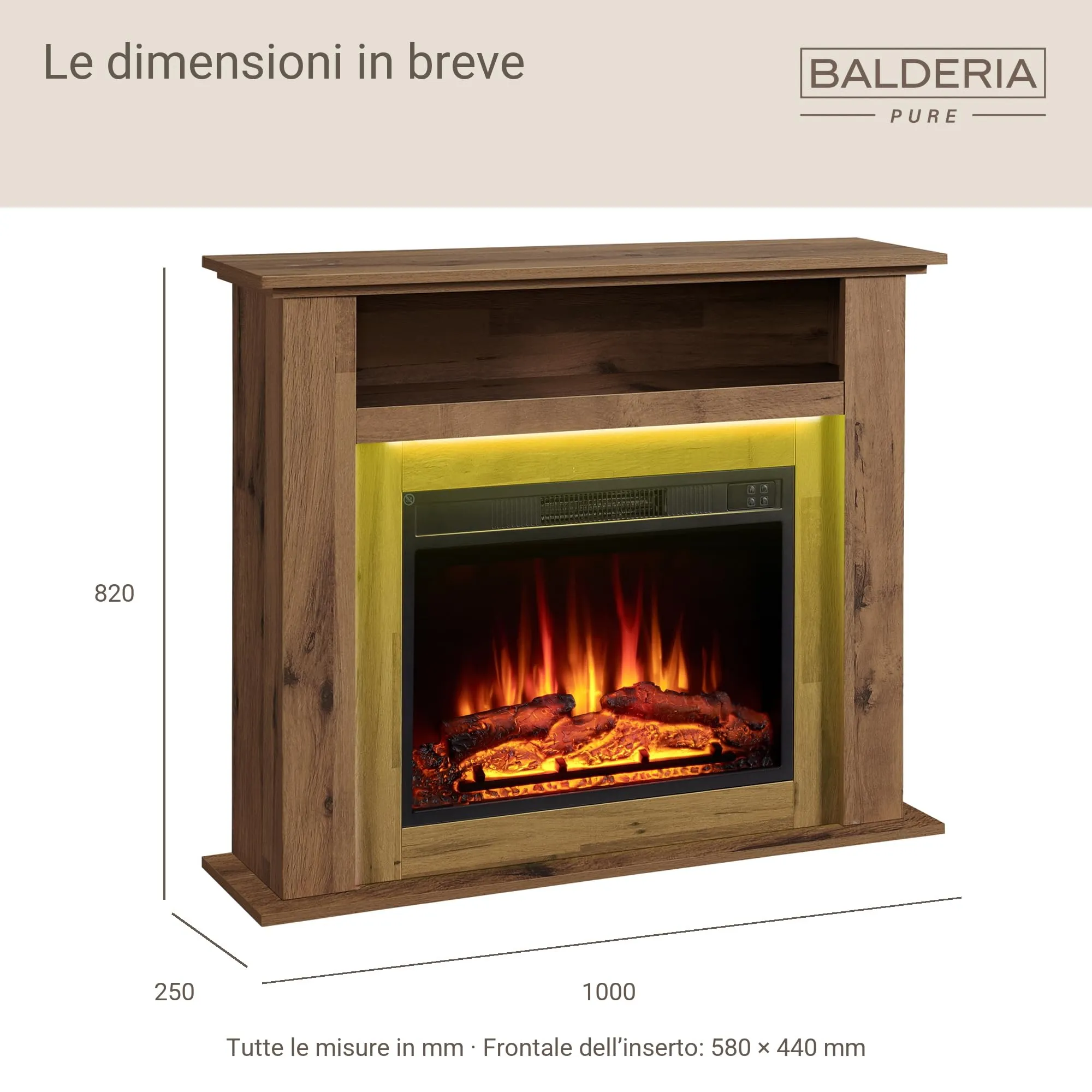 BALDERIA Liora Camino Elettrico con Vano Portaoggetti, Effetto Fiamma 3D, Riscaldamento 2000W, Timer e Telecomando - Rovere Scuro - immagine 8