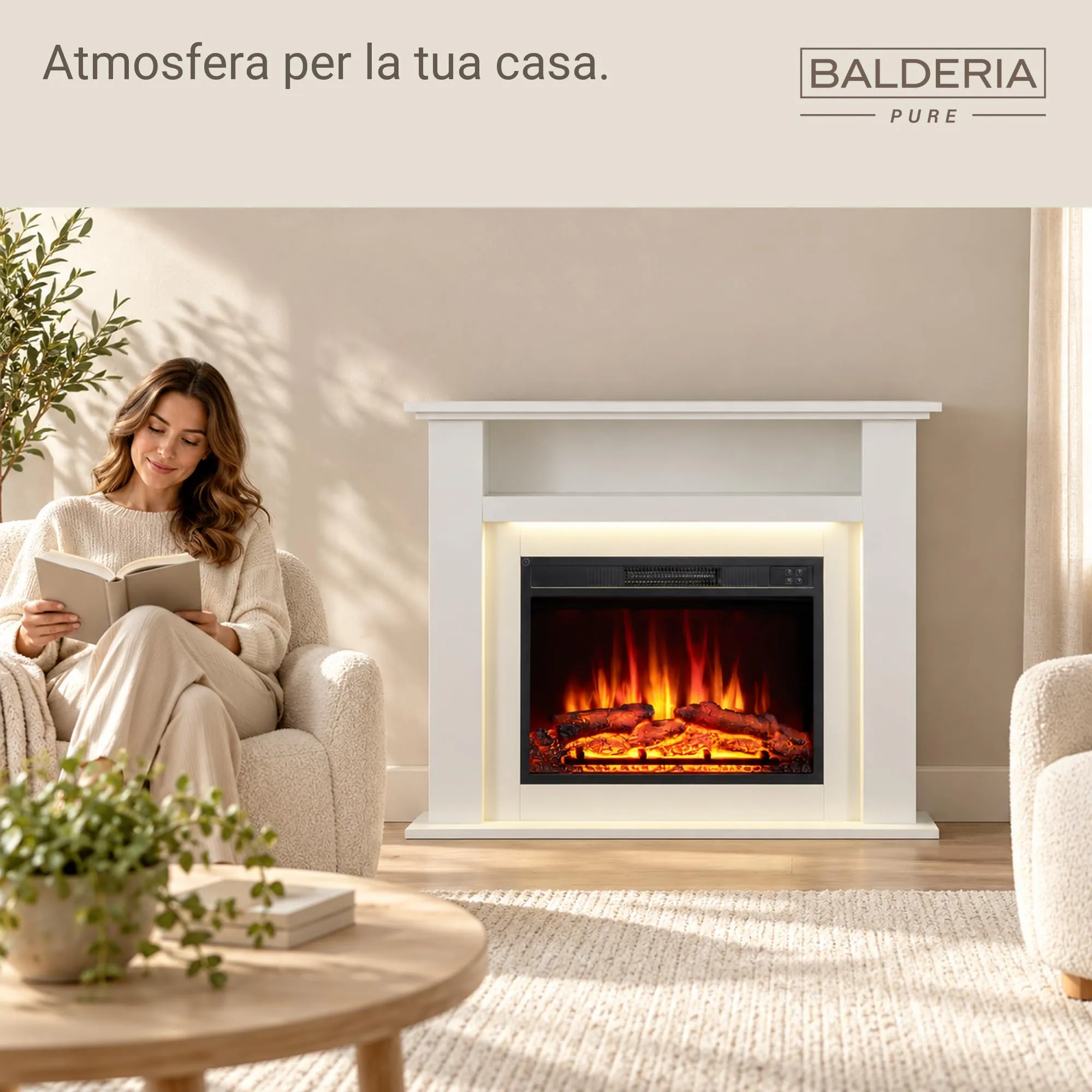 BALDERIA Liora Camino Elettrico Bianco, 2000W, Effetto Fiamma 3D, LED, Telecomando, Timer e Termostato - immagine 2