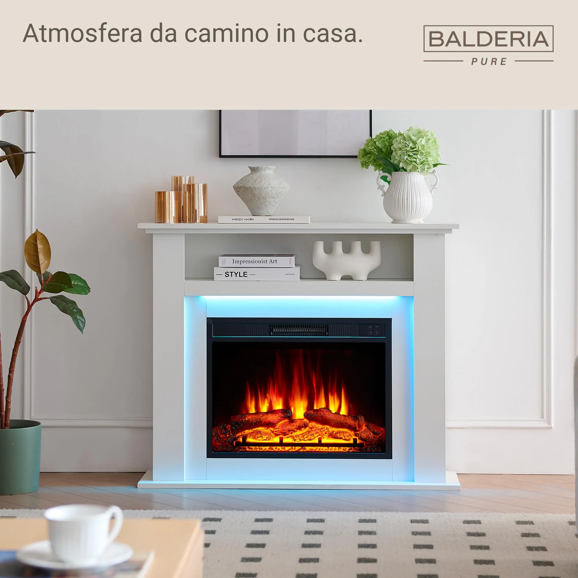 BALDERIA Liora Camino Elettrico Bianco, 2000W, Effetto Fiamma 3D, LED, Telecomando, Timer e Termostato - immagine 3