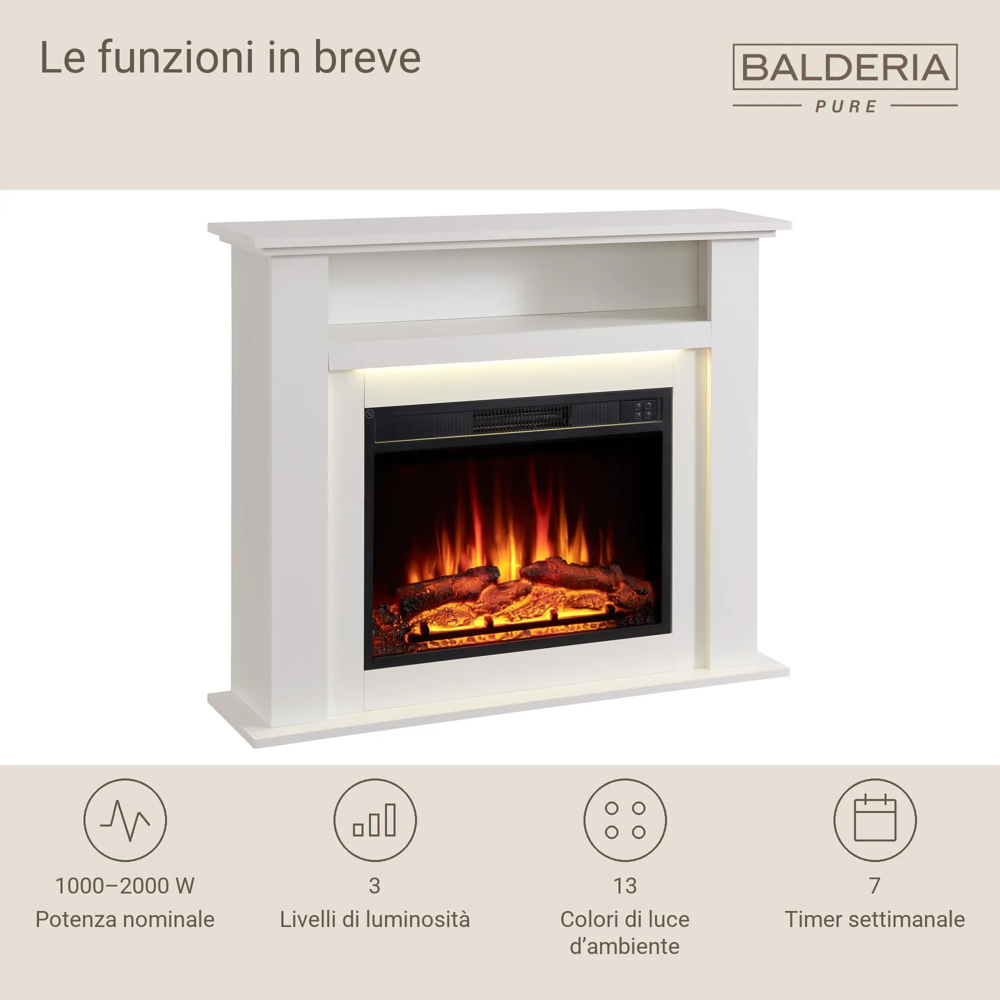 BALDERIA Liora Camino Elettrico Bianco, 2000W, Effetto Fiamma 3D, LED, Telecomando, Timer e Termostato - immagine 4
