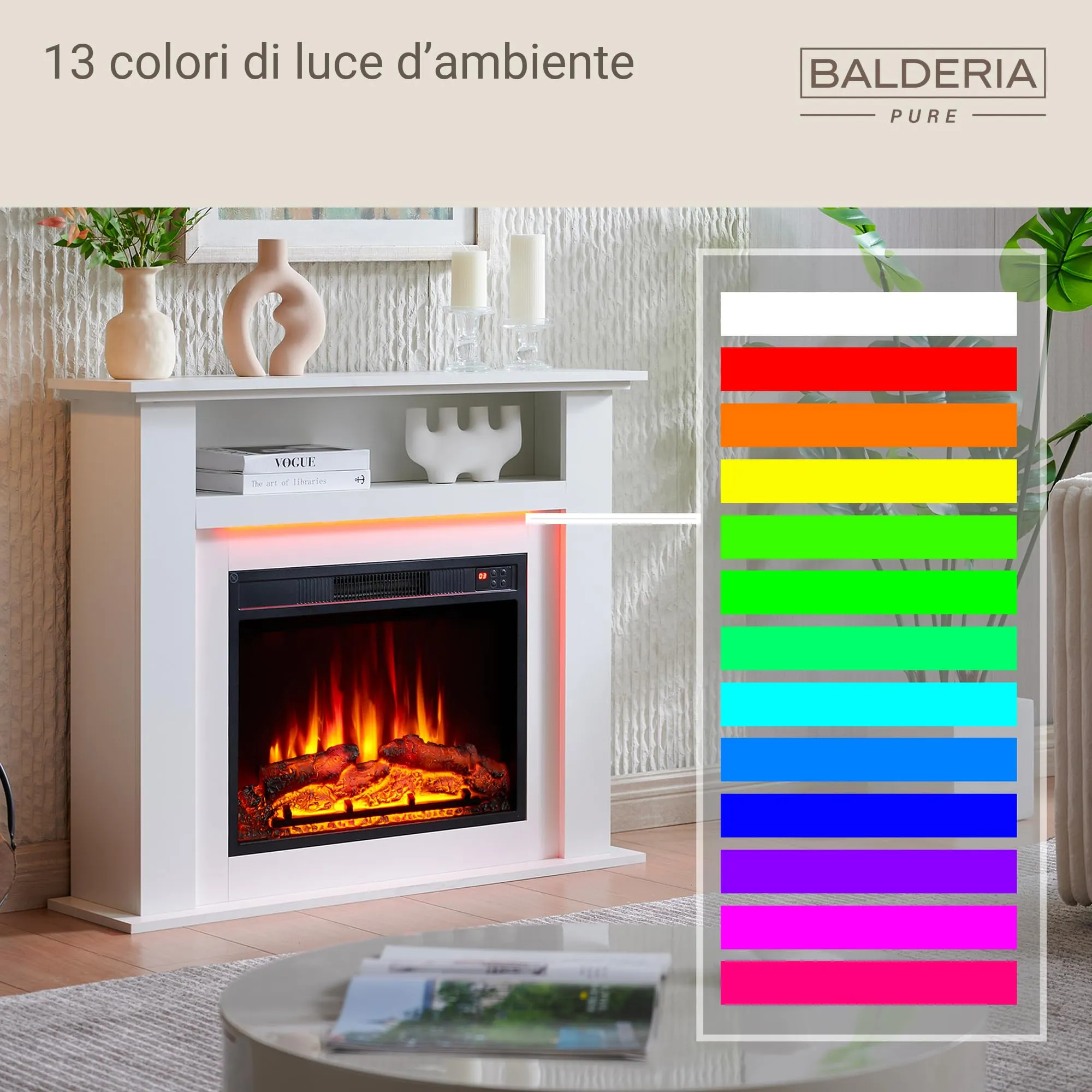BALDERIA Liora Camino Elettrico Bianco, 2000W, Effetto Fiamma 3D, LED, Telecomando, Timer e Termostato - immagine 6