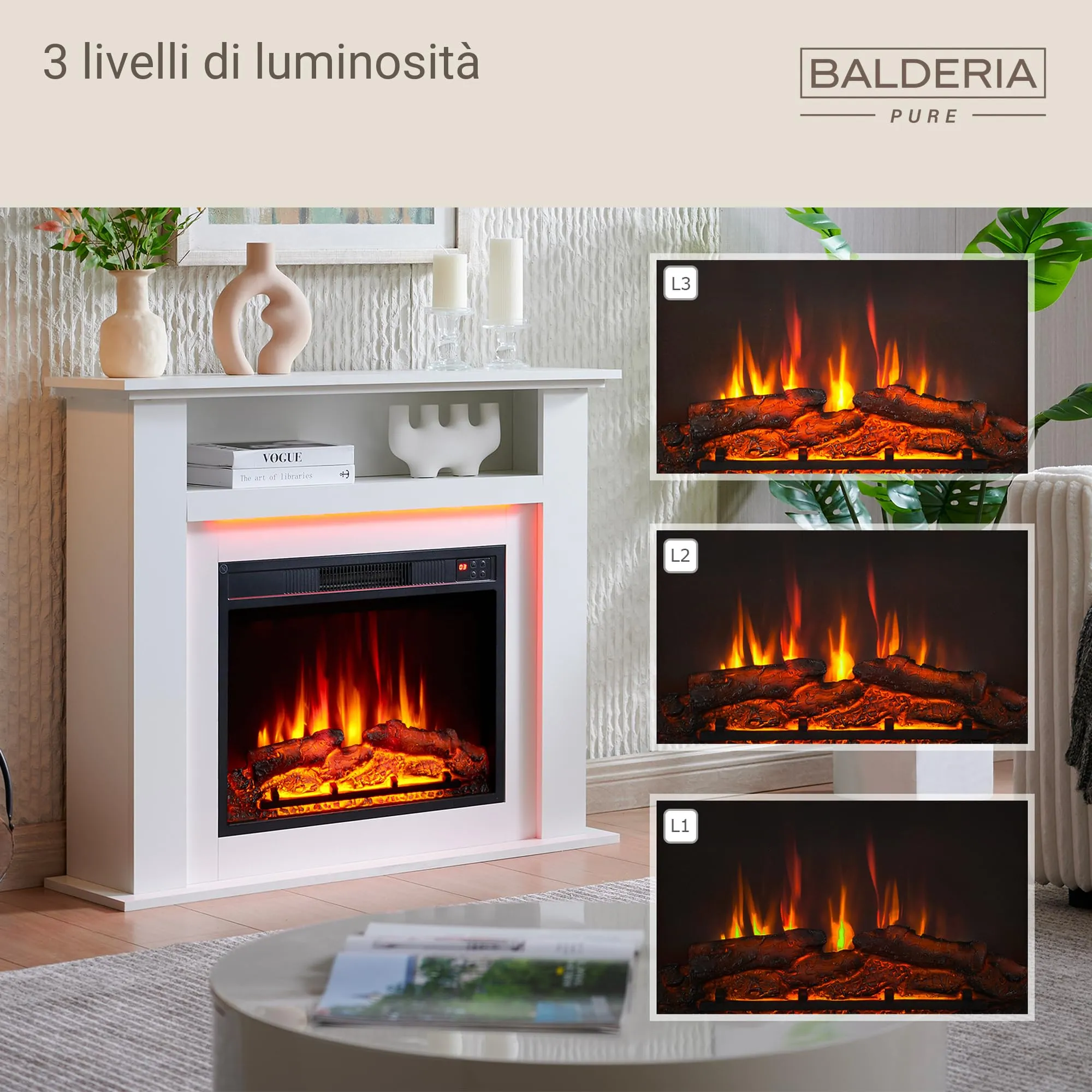 BALDERIA Liora Camino Elettrico Bianco, 2000W, Effetto Fiamma 3D, LED, Telecomando, Timer e Termostato - immagine 7