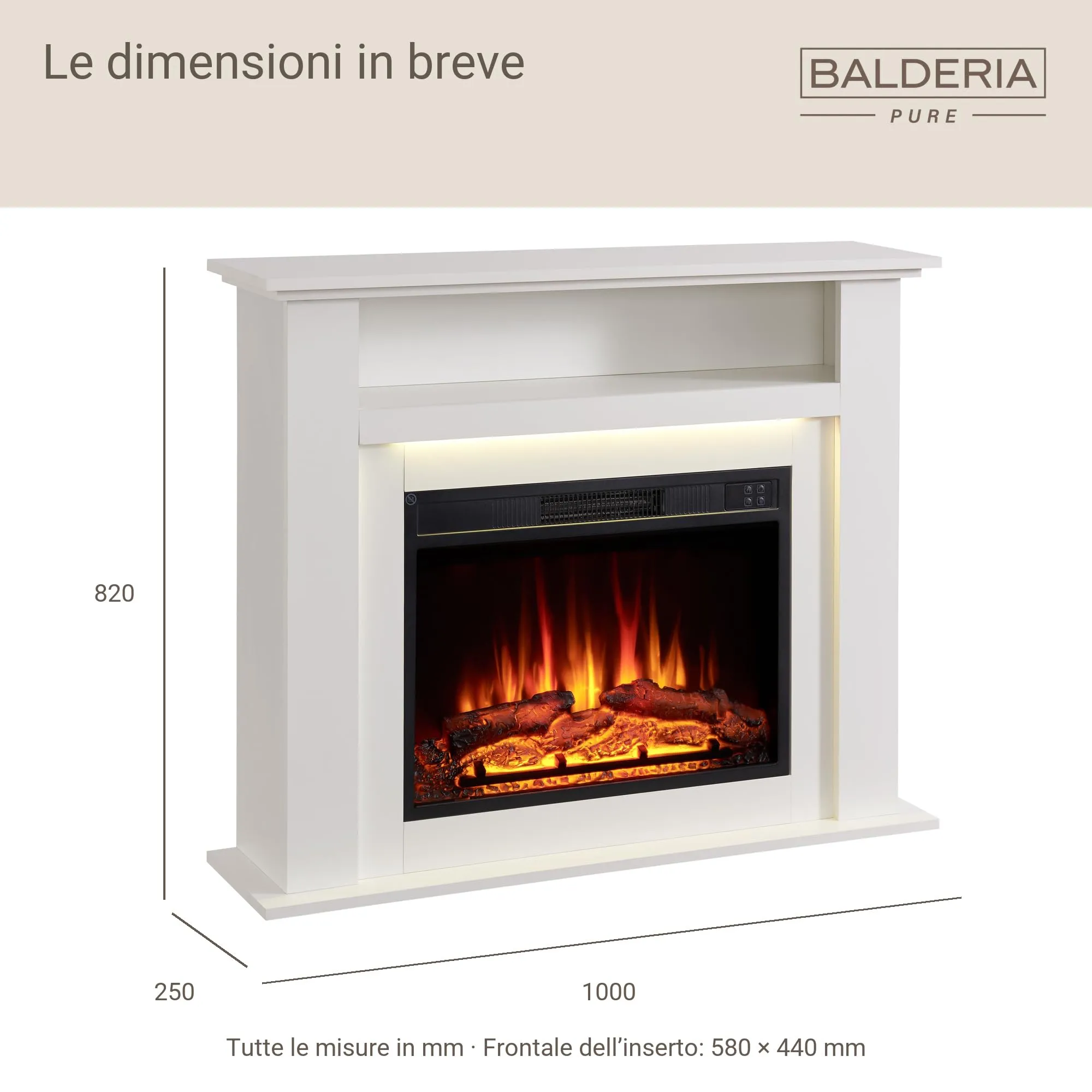 BALDERIA Liora Camino Elettrico Bianco, 2000W, Effetto Fiamma 3D, LED, Telecomando, Timer e Termostato - immagine 8
