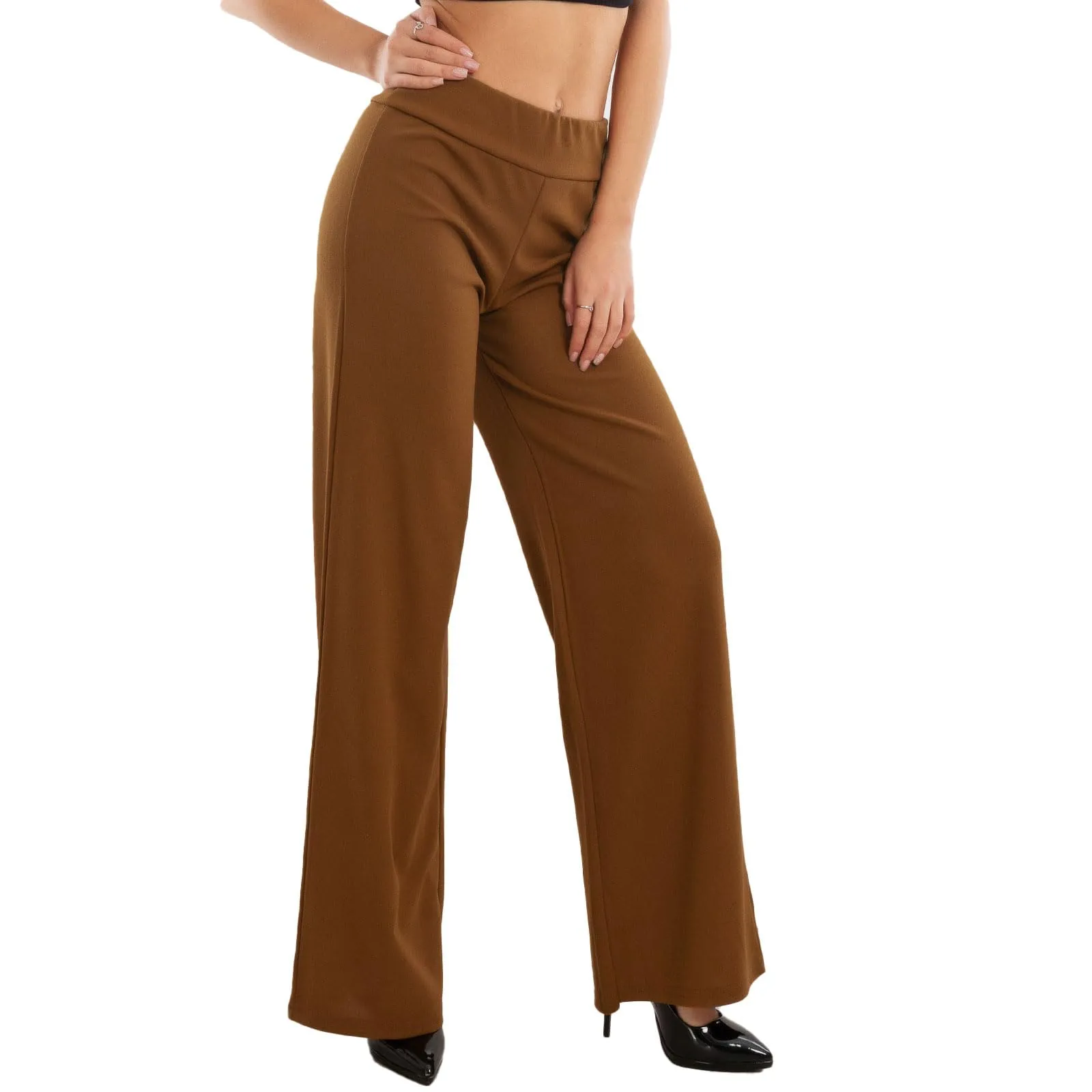 Toocool Pantaloni a Palazzo Basic Elastico in Vita VI-9292 - Marrone, S - immagine 1