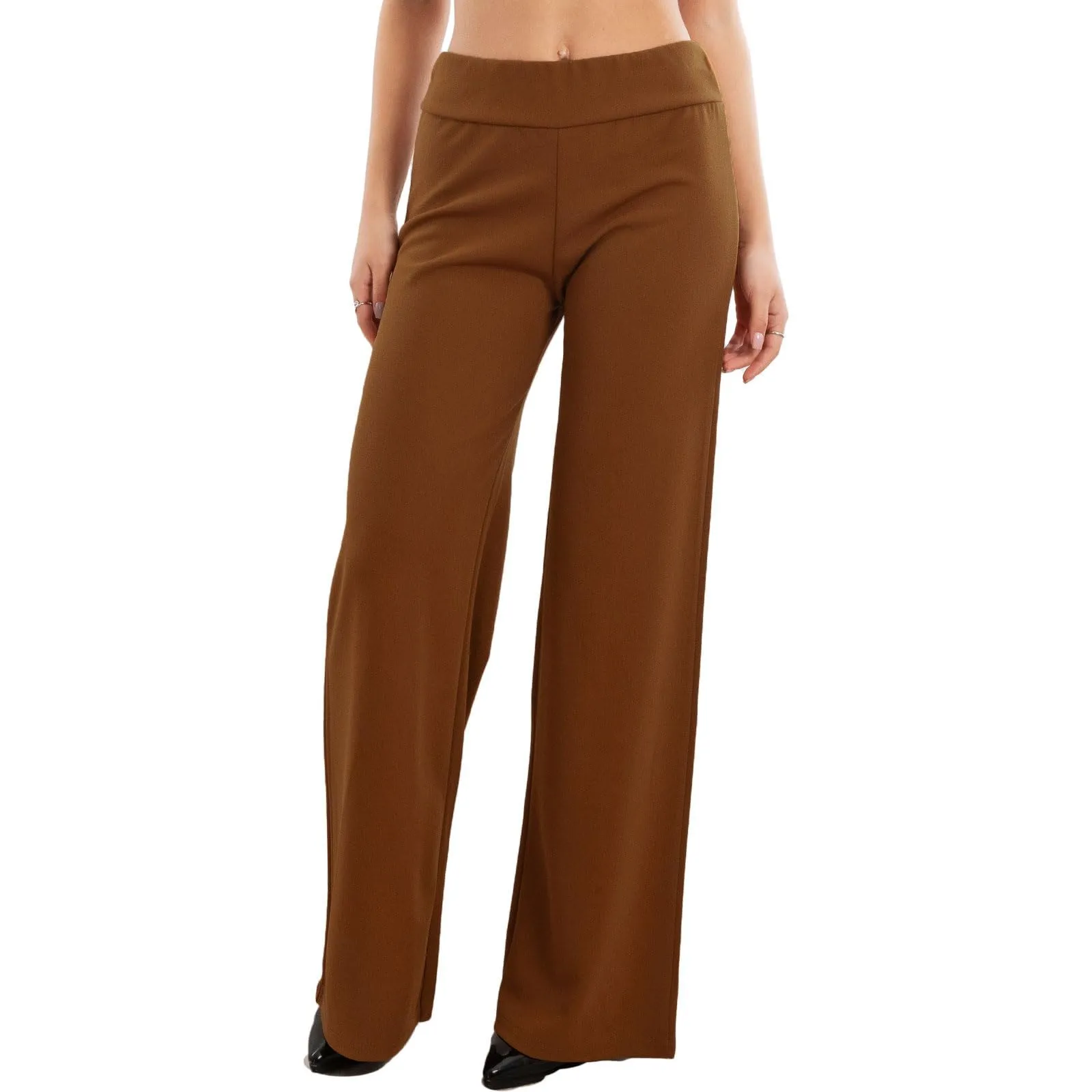 Toocool Pantaloni a Palazzo Basic Elastico in Vita VI-9292 - Marrone, S - immagine 2