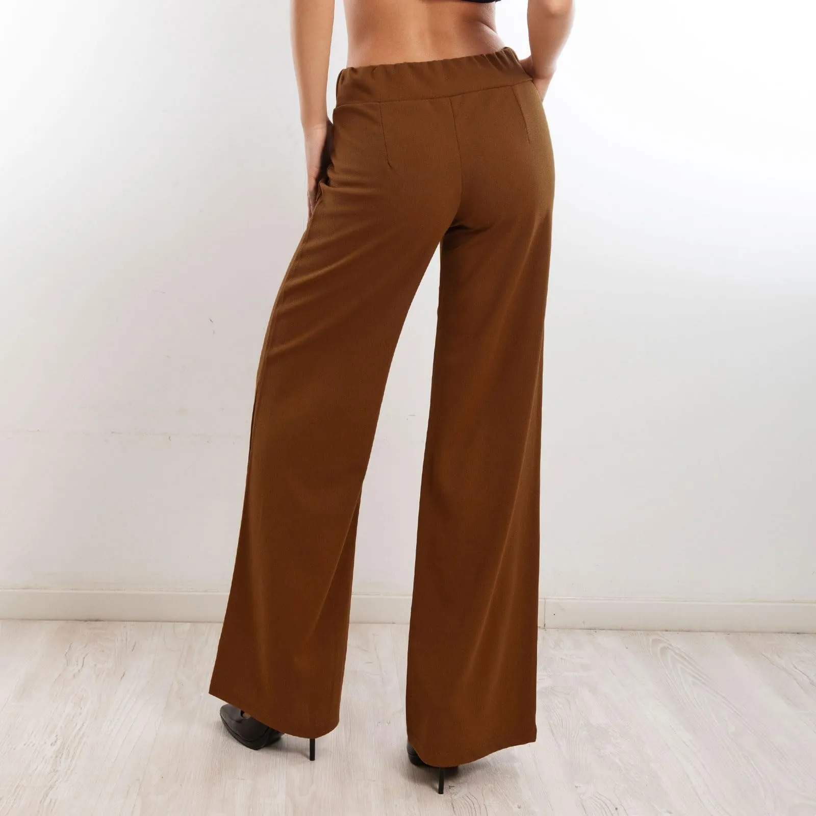 Toocool Pantaloni a Palazzo Basic Elastico in Vita VI-9292 - Marrone, S - immagine 3