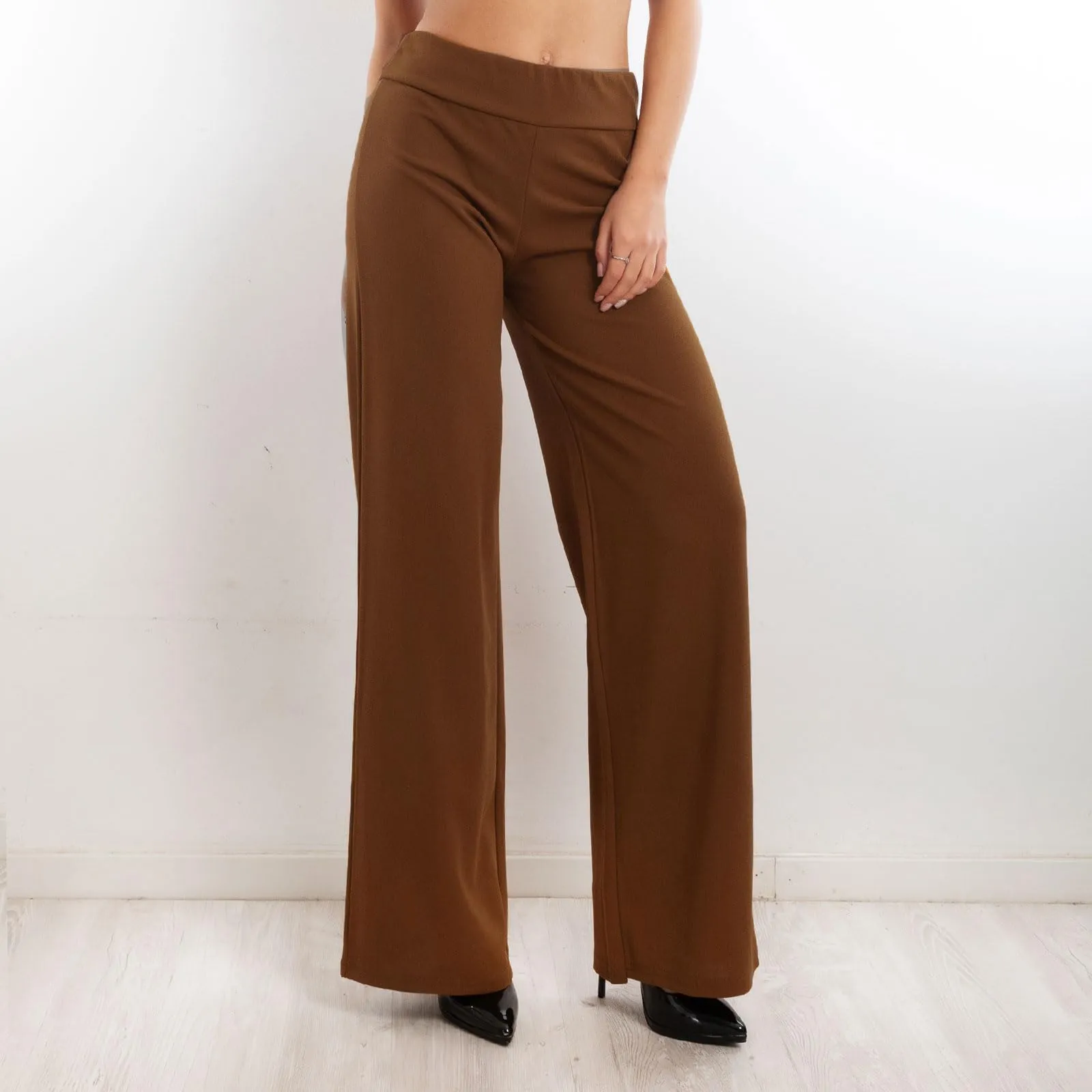 Toocool Pantaloni a Palazzo Basic Elastico in Vita VI-9292 - Marrone, S - immagine 5