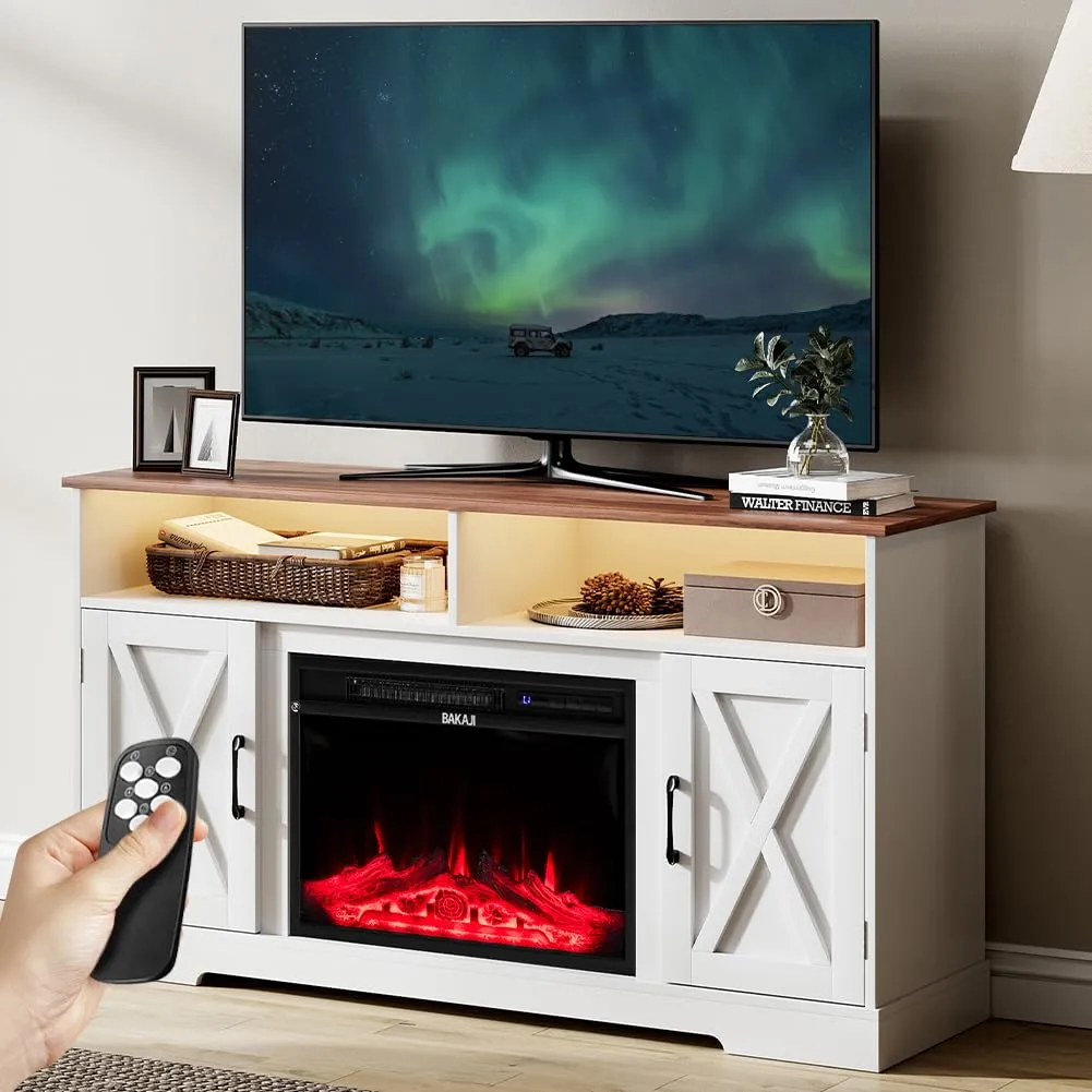 BAKAJI Mobile TV Bianco e Legno con Camino Elettrico, Effetto Fiamma 3D, 900/1800W, Led RGB, 138x40x76cm (Stoccolma) - immagine 1