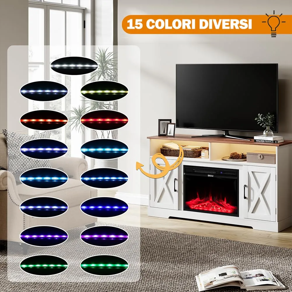 BAKAJI Mobile TV Bianco e Legno con Camino Elettrico, Effetto Fiamma 3D, 900/1800W, Led RGB, 138x40x76cm (Stoccolma) - immagine 2