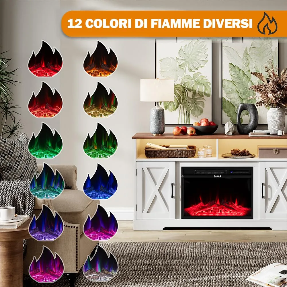 BAKAJI Mobile TV Bianco e Legno con Camino Elettrico, Effetto Fiamma 3D, 900/1800W, Led RGB, 138x40x76cm (Stoccolma) - immagine 3
