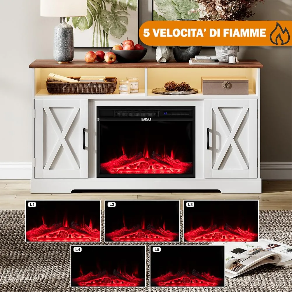 BAKAJI Mobile TV Bianco e Legno con Camino Elettrico, Effetto Fiamma 3D, 900/1800W, Led RGB, 138x40x76cm (Stoccolma) - immagine 4