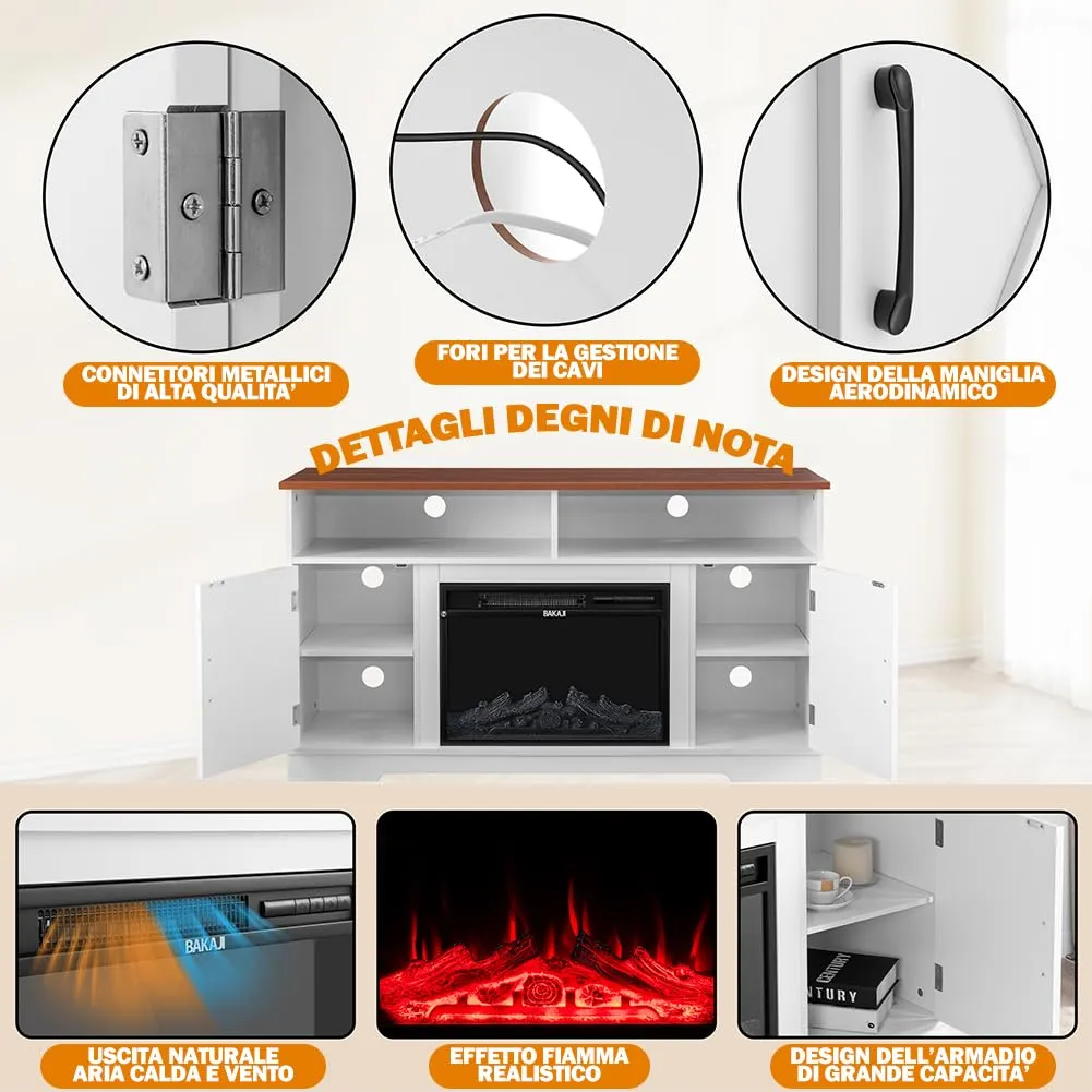 BAKAJI Mobile TV Bianco e Legno con Camino Elettrico, Effetto Fiamma 3D, 900/1800W, Led RGB, 138x40x76cm (Stoccolma) - immagine 5