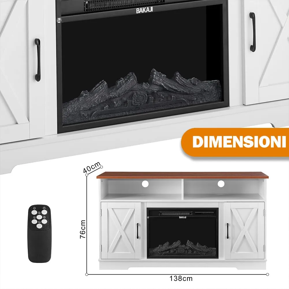 BAKAJI Mobile TV Bianco e Legno con Camino Elettrico, Effetto Fiamma 3D, 900/1800W, Led RGB, 138x40x76cm (Stoccolma) - immagine 6