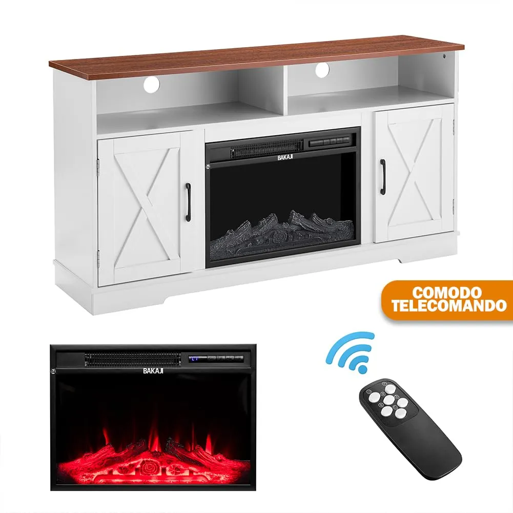 BAKAJI Mobile TV Bianco e Legno con Camino Elettrico, Effetto Fiamma 3D, 900/1800W, Led RGB, 138x40x76cm (Stoccolma) - immagine 7