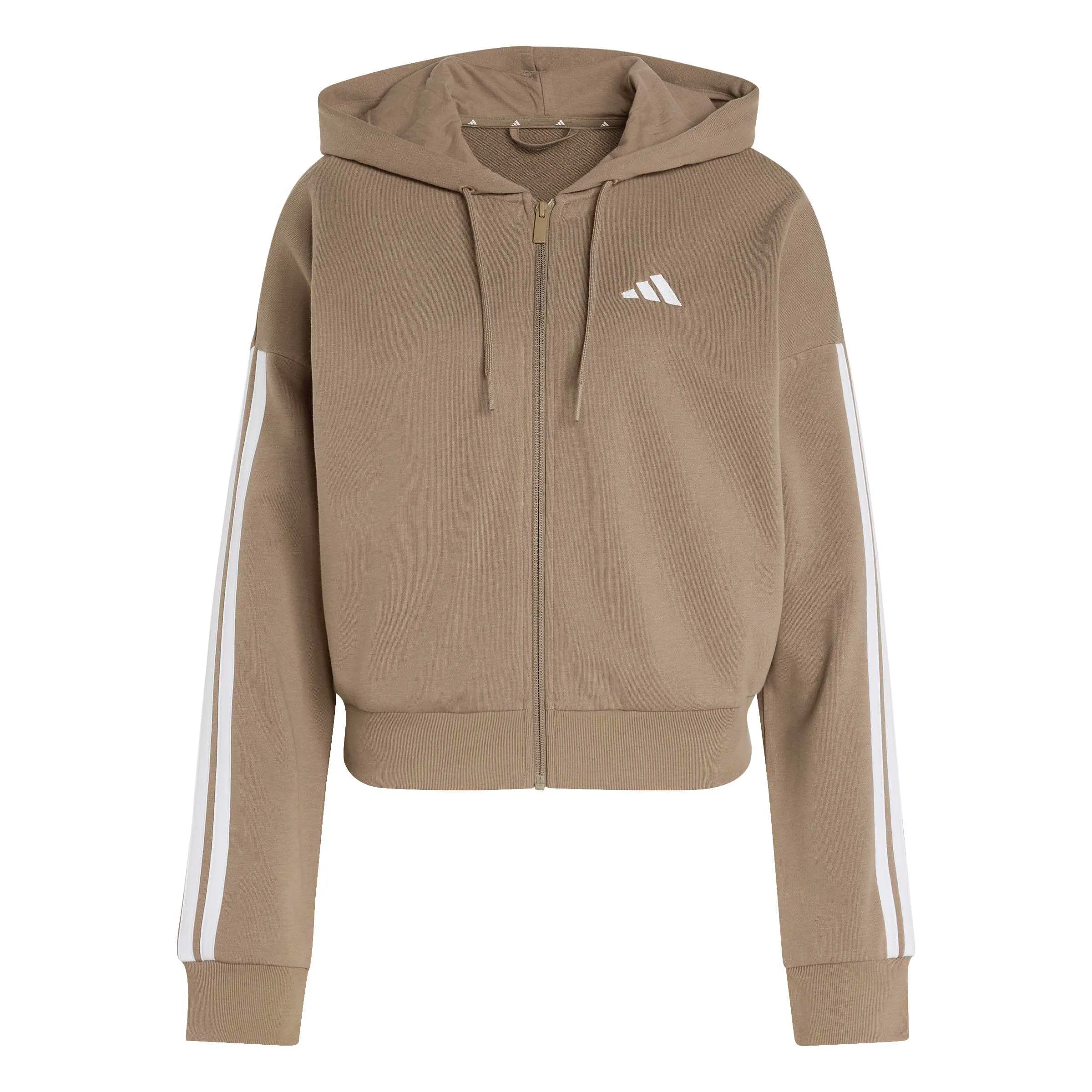adidas Donna Essentials 3-Stripes French Terry Full Zip Hoodie, Khaki Six/White, S - immagine 1