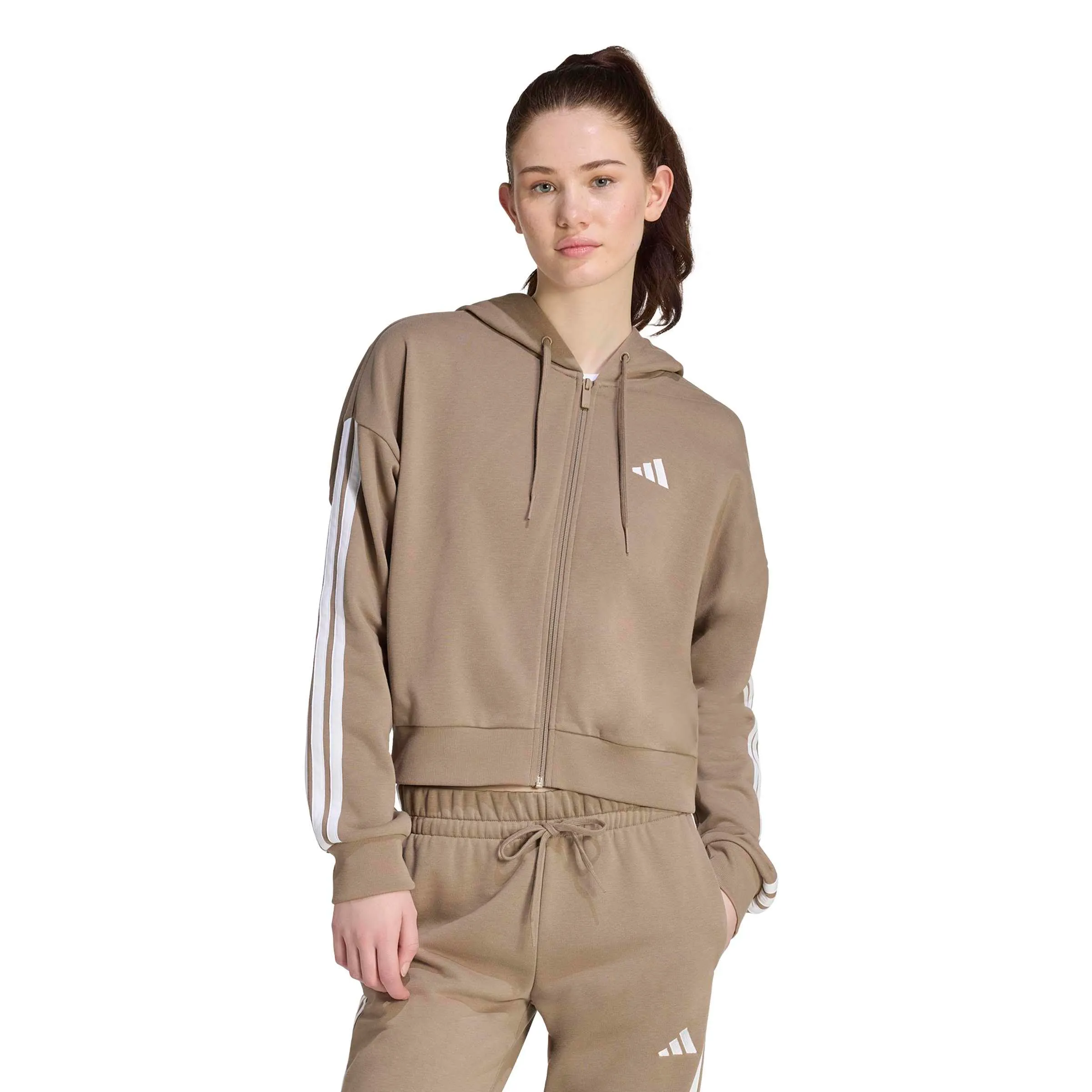adidas Donna Essentials 3-Stripes French Terry Full Zip Hoodie, Khaki Six/White, M - immagine 2