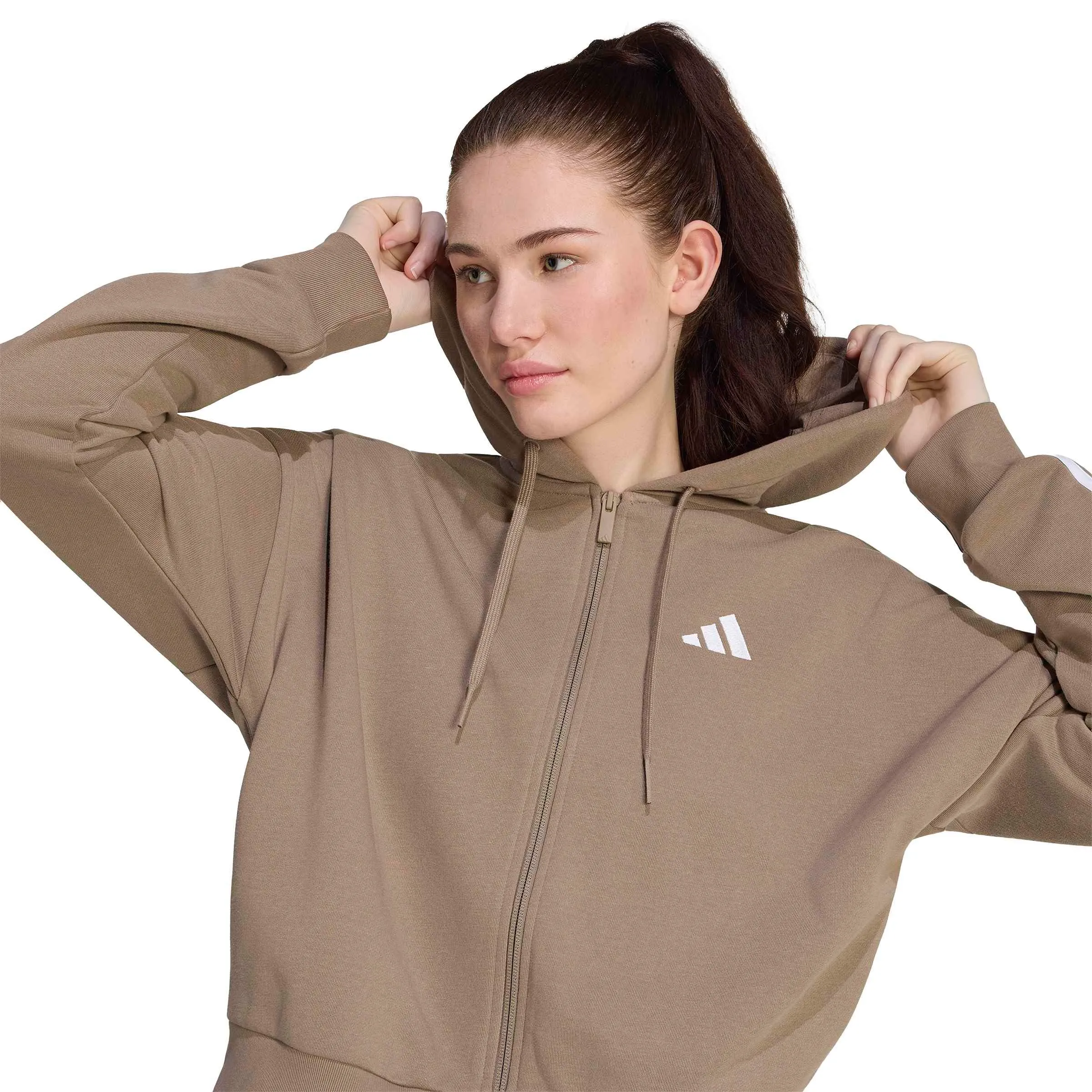 adidas Donna Essentials 3-Stripes French Terry Full Zip Hoodie, Khaki Six/White, L - immagine 3