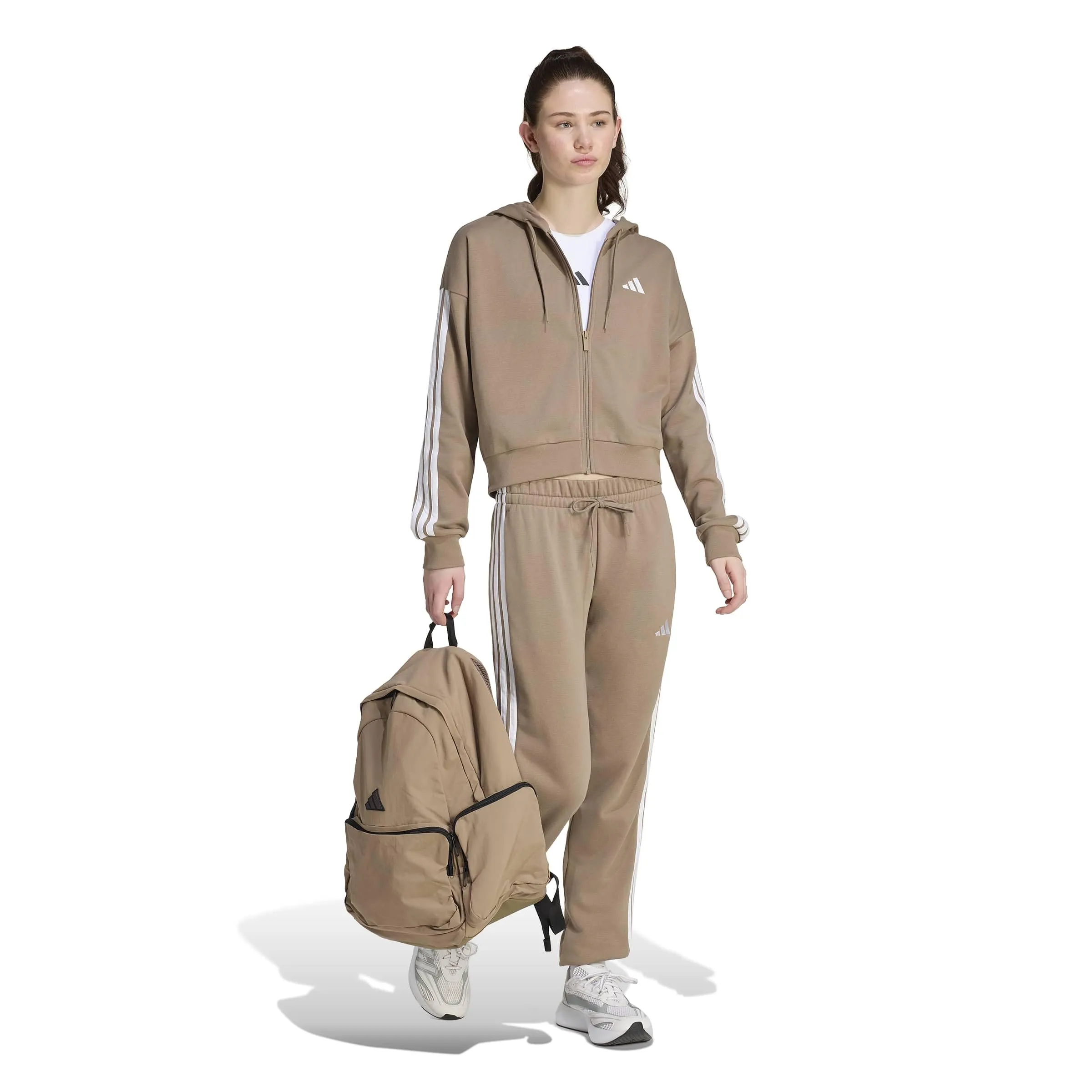 adidas Donna Essentials 3-Stripes French Terry Full Zip Hoodie, Khaki Six/White, L - immagine 5