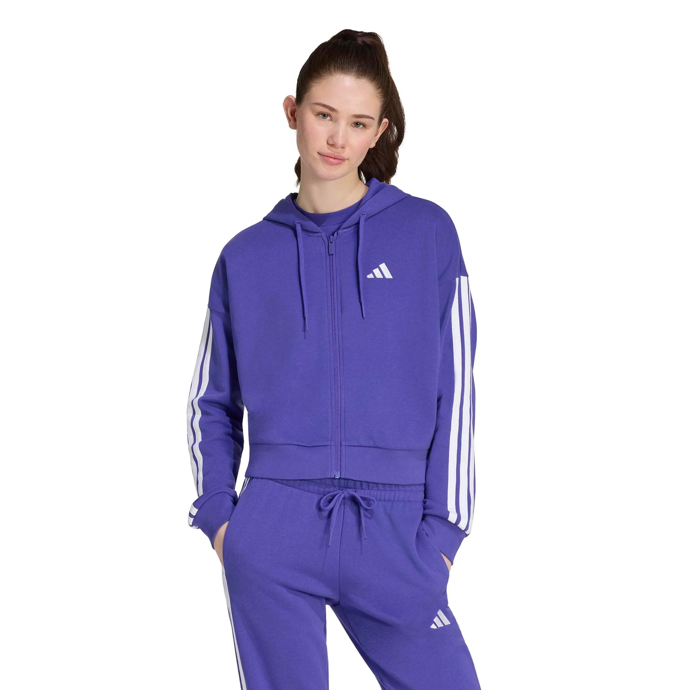 adidas Essentials 3-Stripes French Terry Full Zip Hoodie, Pure Purple/White, S - immagine 3