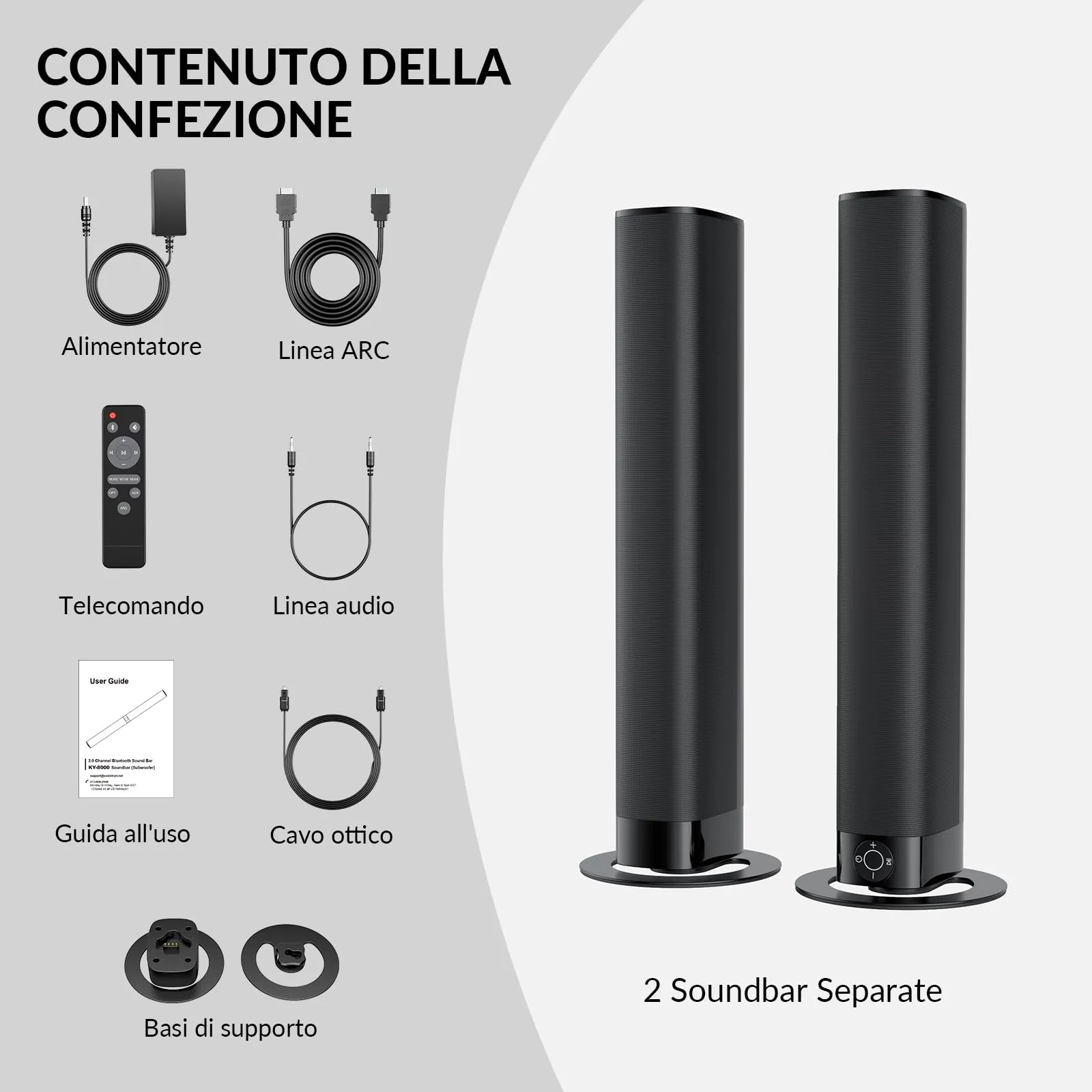 GarageRock KY8000 2-in-1 Detachable Soundbar for TV and Projectors, Stereo Speakers with 3 EQ Modes, Bluetooth 5.3, ARC/Optical/AUX - immagine 8