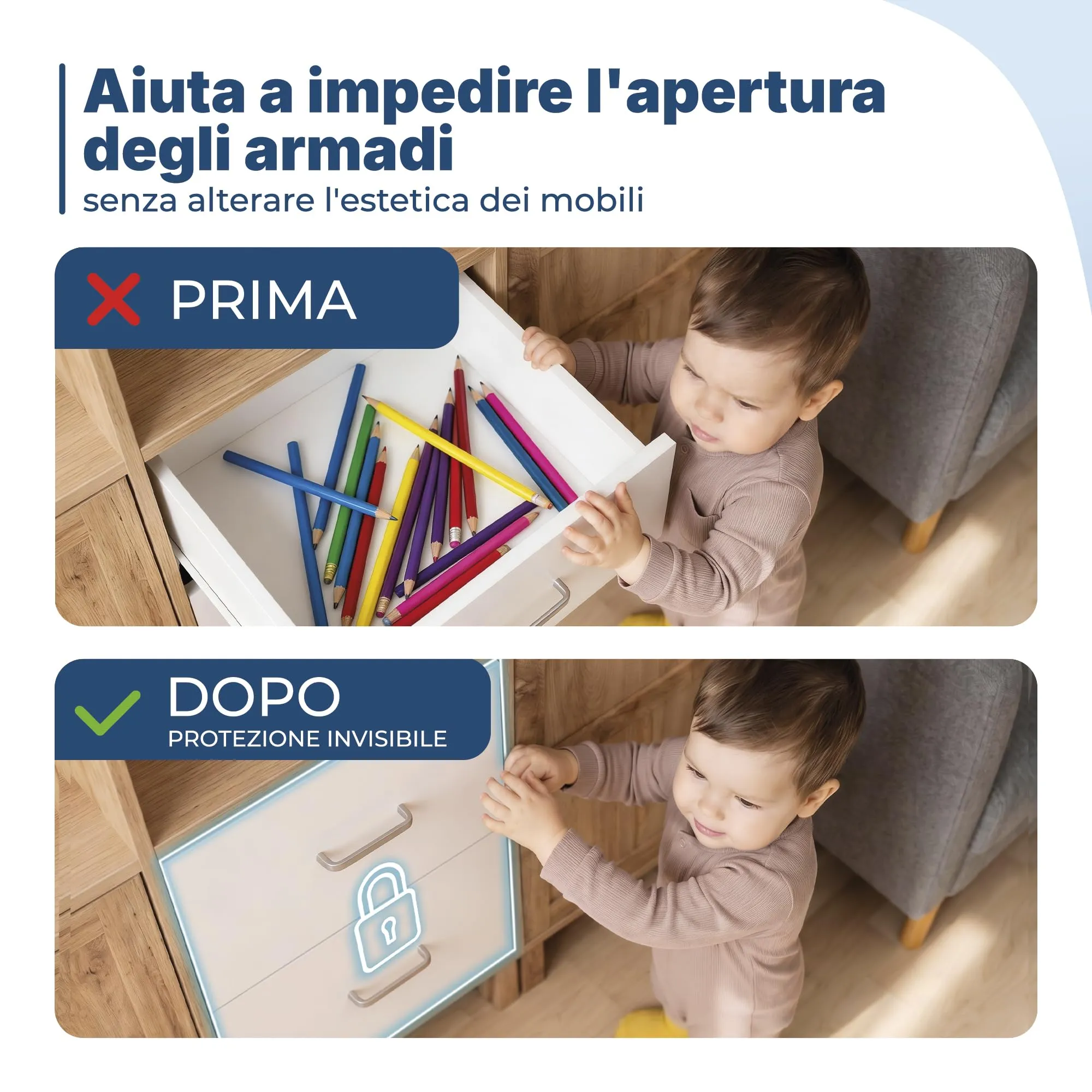 Hoffenbach Blocca Cassetti per Bambini, 30 Serrature e 6 Chiavi, Chiusura Magnetica per Cassetti e Ante, Bianco - immagine 3