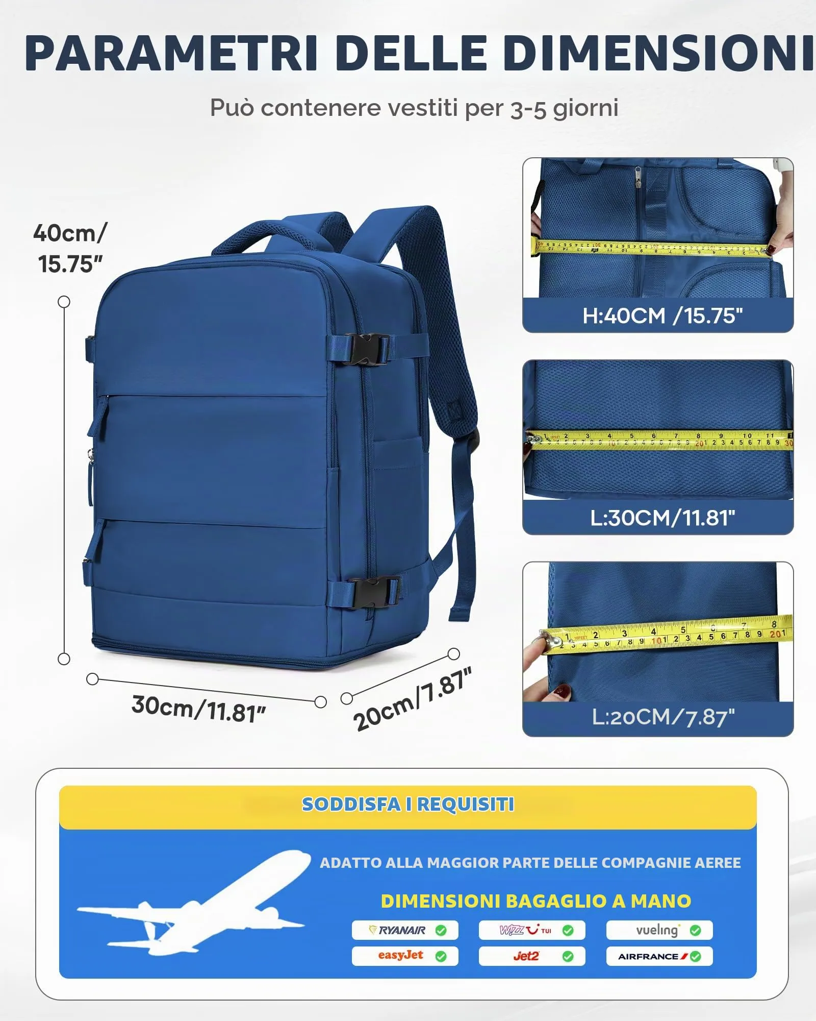 BJLFS Borse da Cabina per Ryanair 40x30x20 Bagaglio a mano Donna Uomo - immagine 3