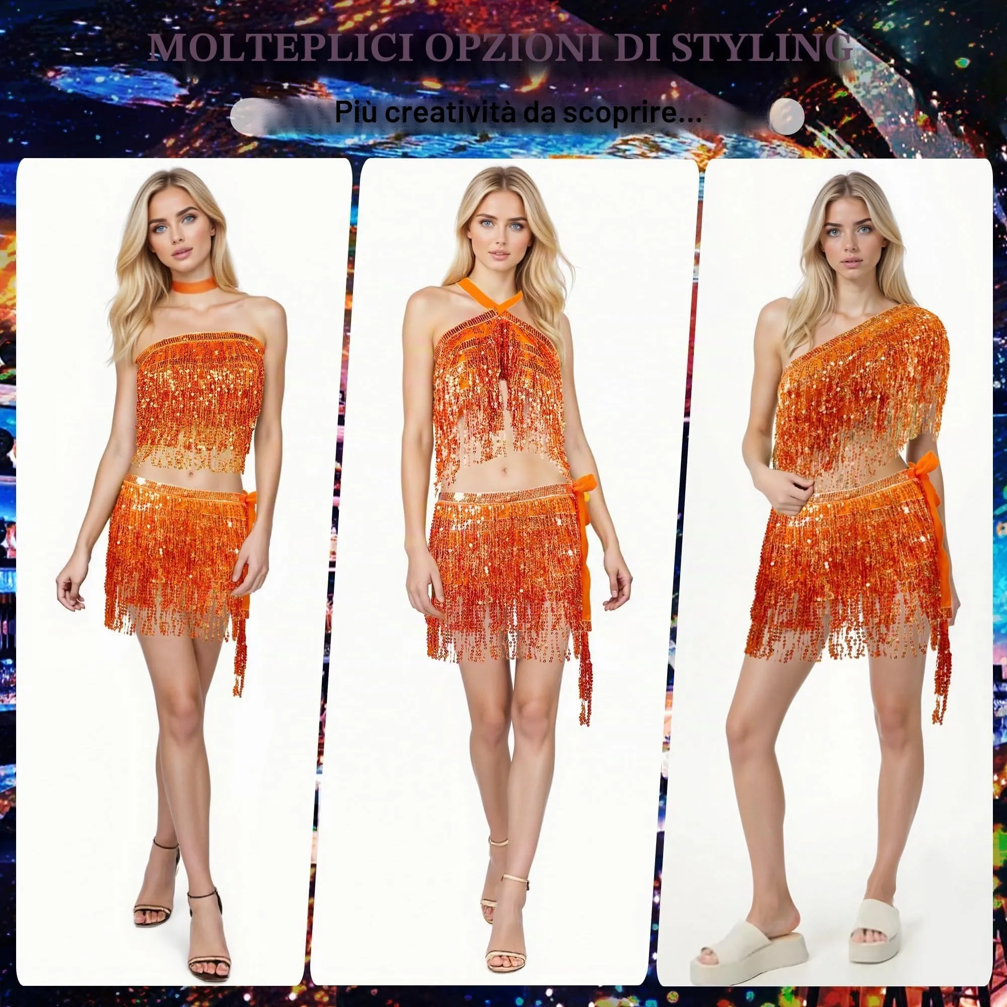Baisdan Gonna per Danza del Ventre con Paillettes e Nappe, Arancione, Taglia unica - immagine 2