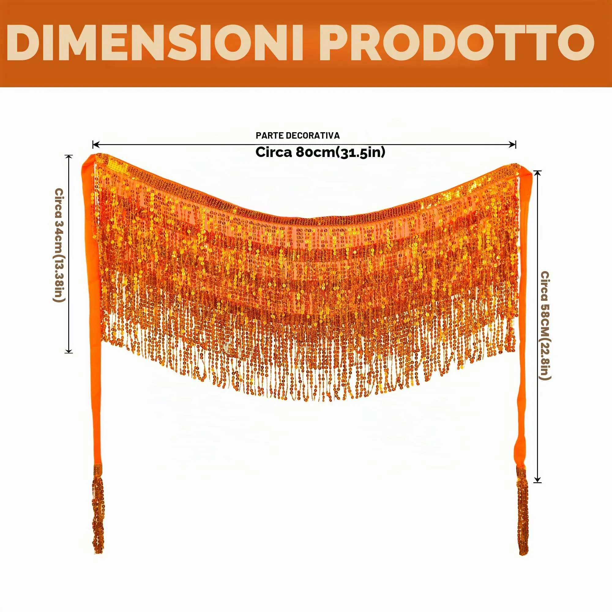 Baisdan Gonna per Danza del Ventre con Paillettes e Nappe, Arancione, Taglia unica - immagine 3