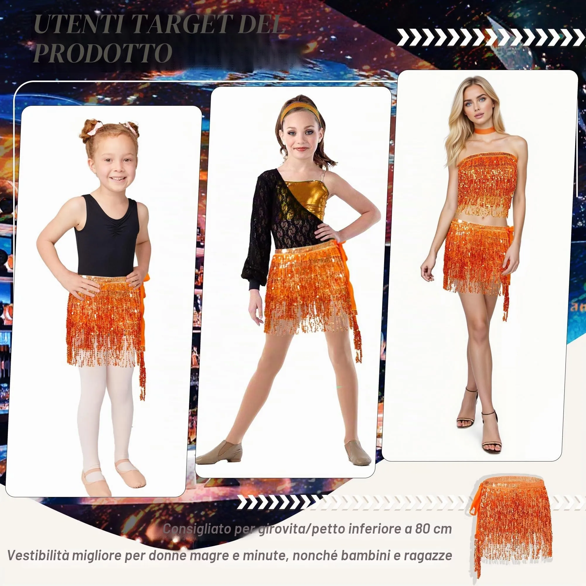 Baisdan Gonna per Danza del Ventre con Paillettes e Nappe, Arancione, Taglia unica - immagine 5