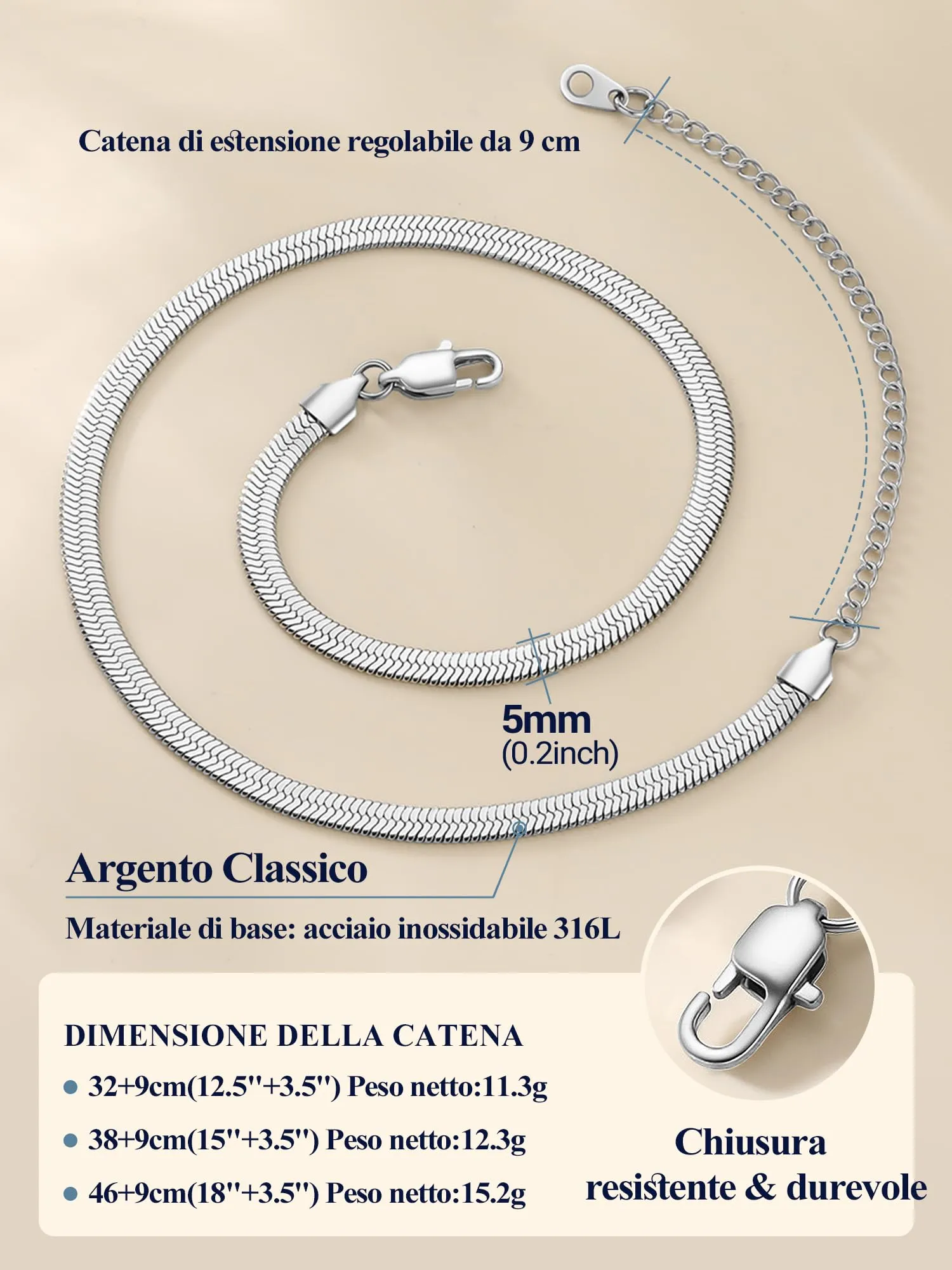 PROSTEEL Flat Snake Chain Choker for Women, 5mm, Adjustable Length 32-41 cm, Stainless Steel, Silver - immagine 8
