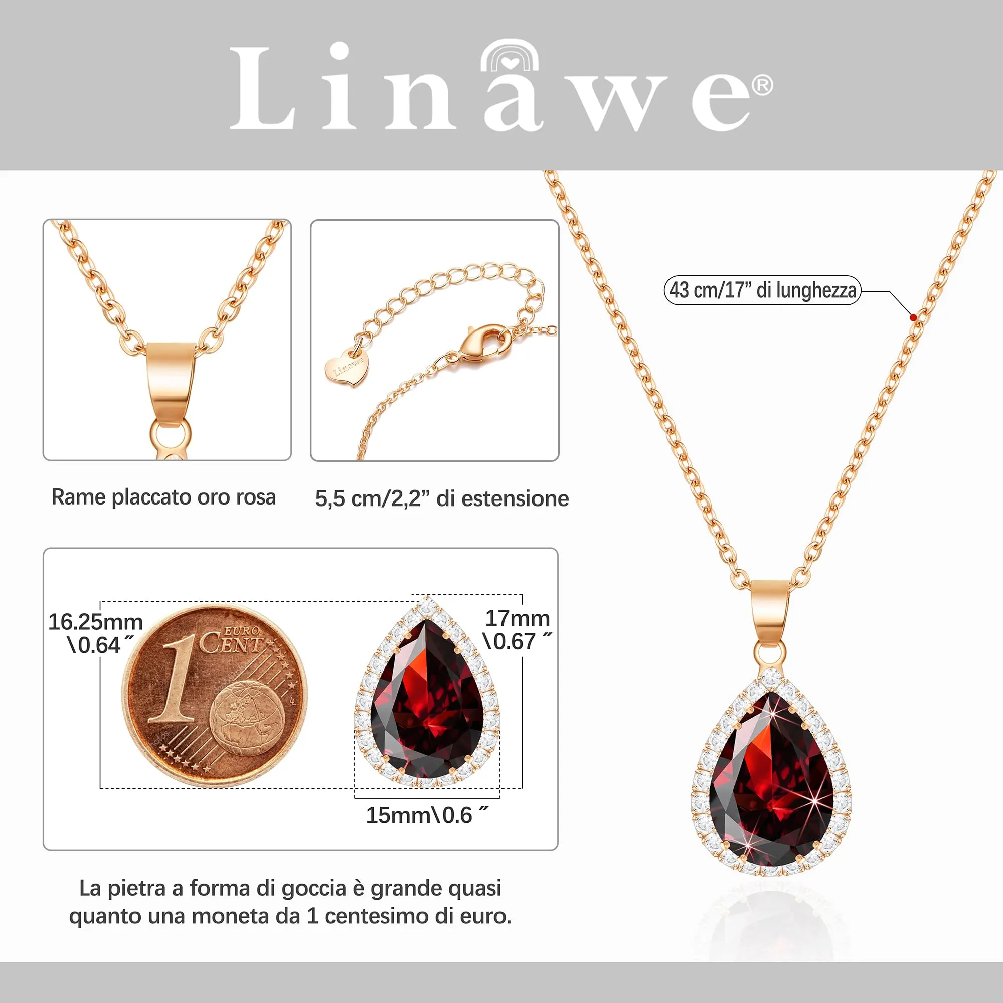Linawe Collana con ciondolo in oro rosa, granato e diamante fossile per donna - immagine 2