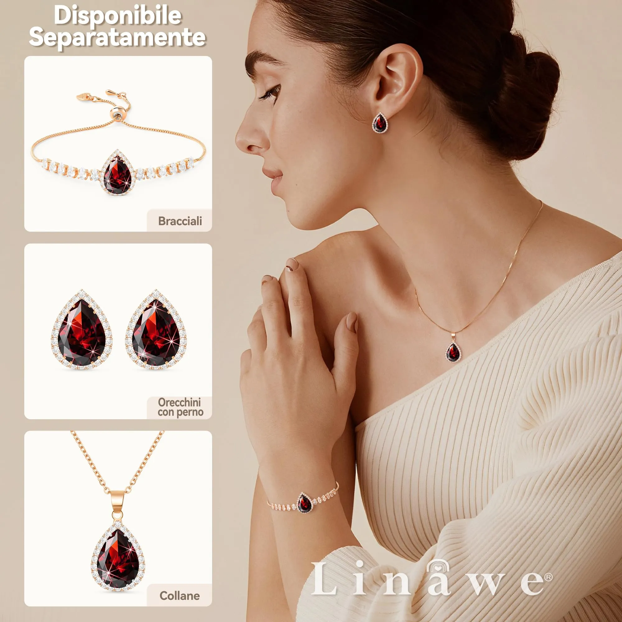 Linawe Collana con ciondolo in oro rosa, granato e diamante fossile per donna - immagine 4