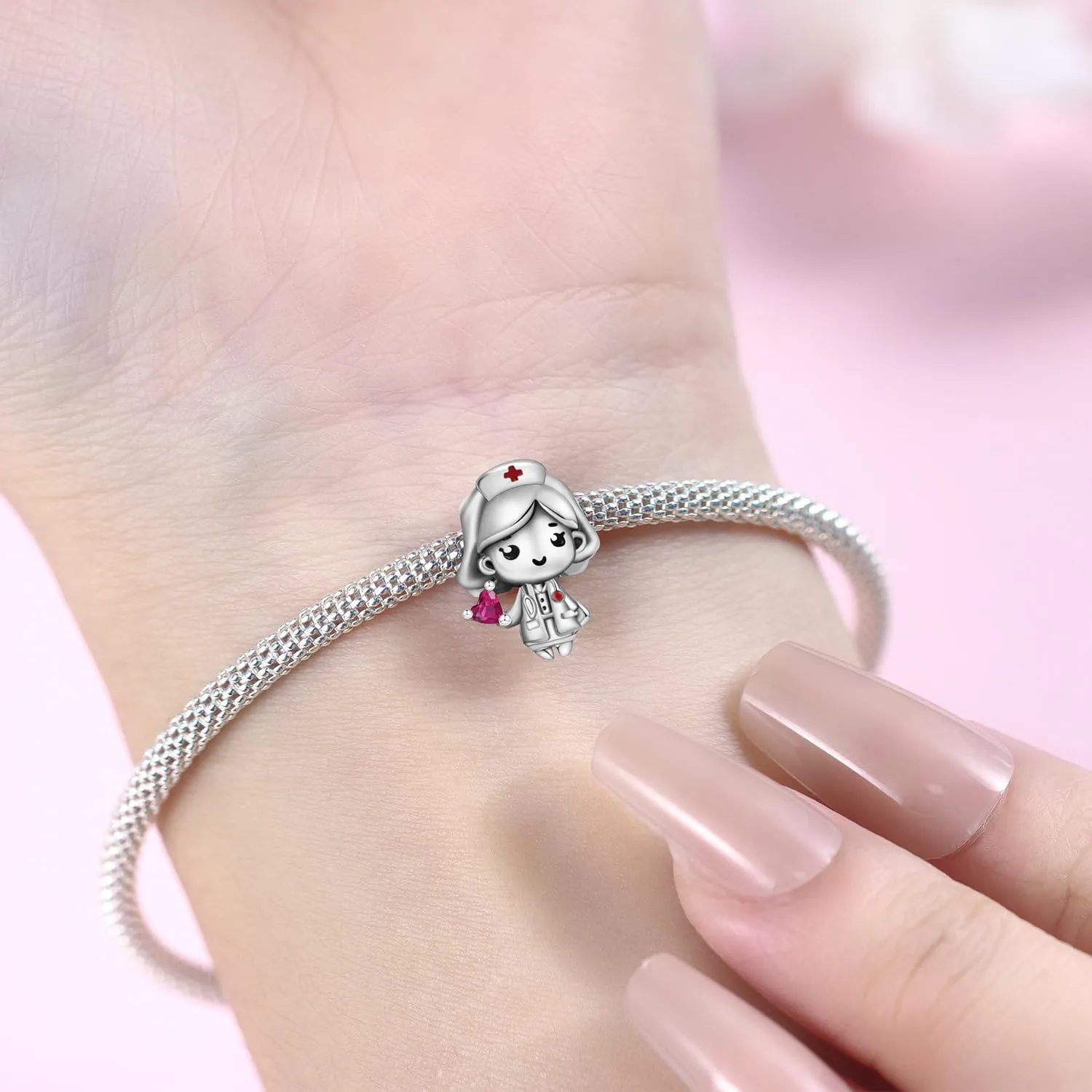 PANPOKI Charms in Argento 925 Tema Amore Infinito - Infermiera con Cuore, Madre e Figlia, Pendenti per Bracciali e Collane - immagine 5