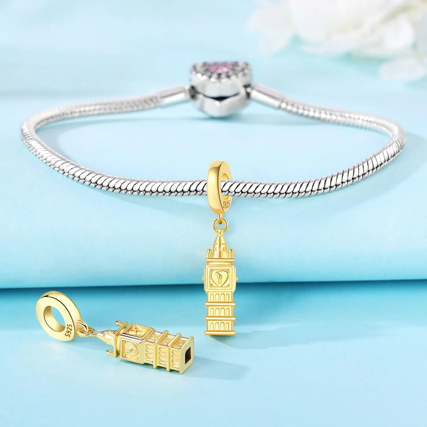 PANPOKI Charms Viaggio in Argento 925 - Big Ben Londra, Statua Libertà, Mongolfiera, Passaporto, Fotocamera - immagine 2