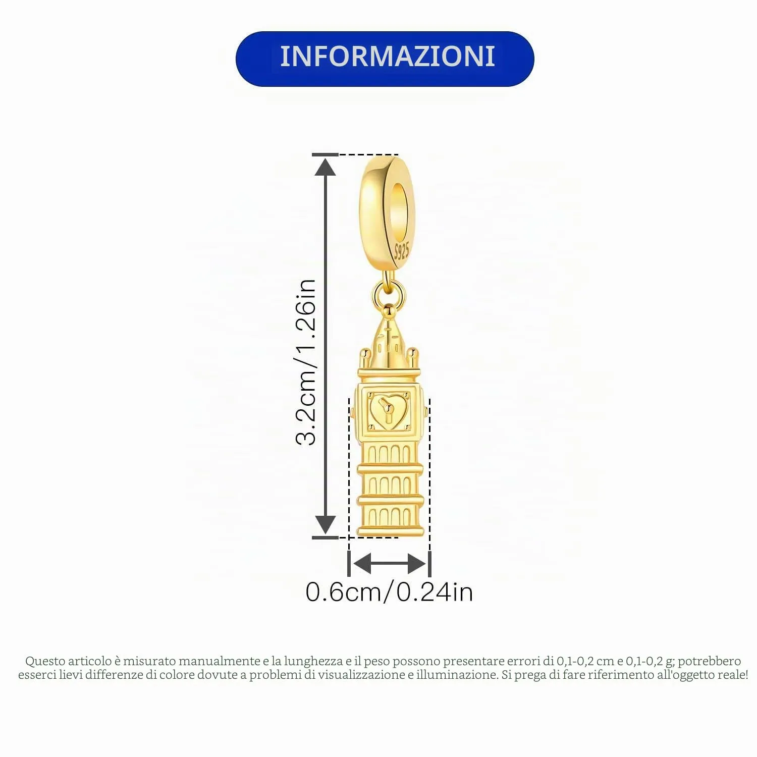 PANPOKI Charms Viaggio in Argento 925 - Big Ben Londra, Statua Libertà, Mongolfiera, Passaporto, Fotocamera - immagine 4