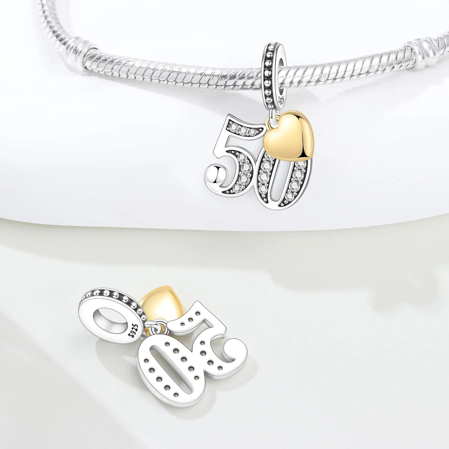PANPOKI Ciondoli Numerici in Argento 925 con Cuore Placcato Oro 18K e Zirconi - immagine 3