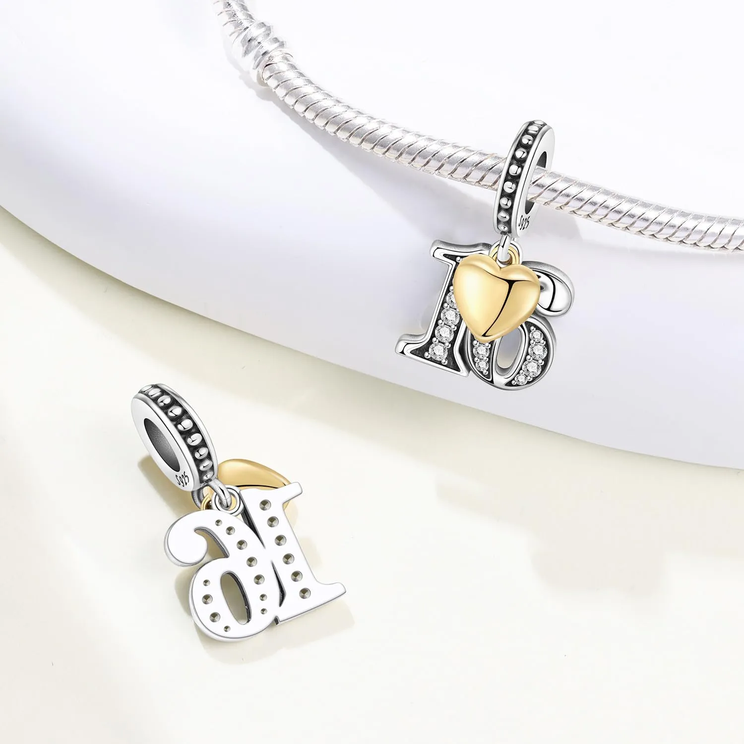 PANPOKI Ciondoli Numerici in Argento 925 con Cuore Placcato Oro 18K e Zirconi - immagine 2