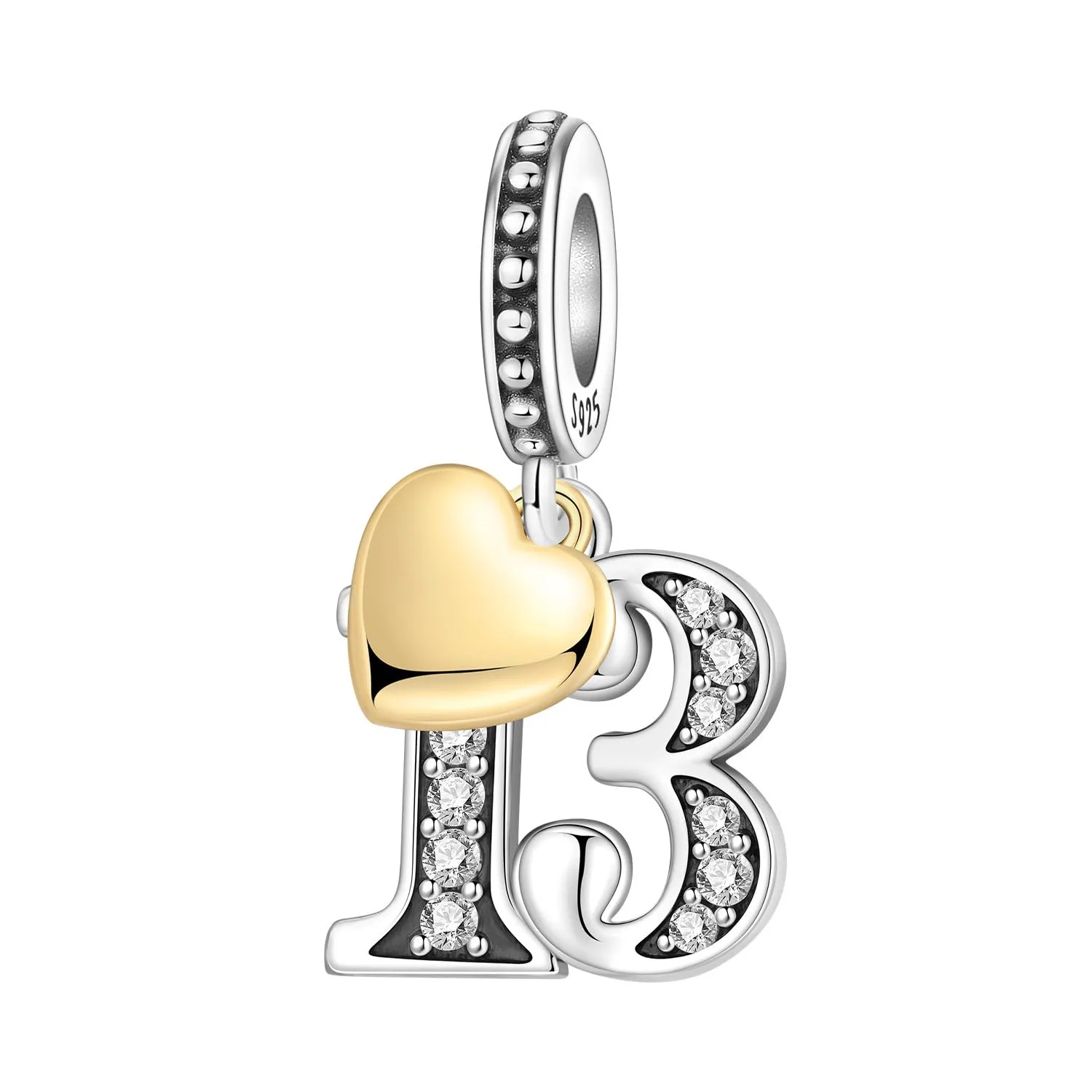 PANPOKI Ciondoli Numerici Argento 925 con Cuore Placcato Oro 18K e Zirconi - Numeri 10 13 15 16 18 20 21 25 30 40 50 60 - immagine 1