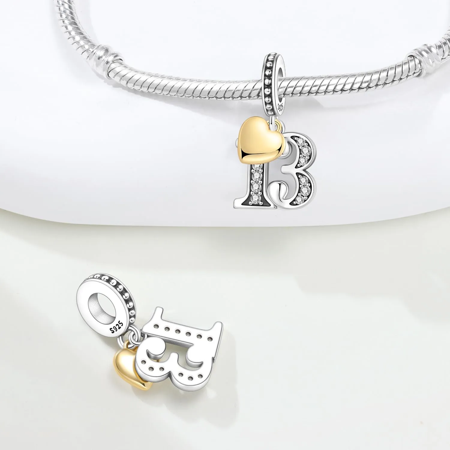 PANPOKI Ciondoli Numerici Argento 925 con Cuore Placcato Oro 18K e Zirconi - Numeri 10 13 15 16 18 20 21 25 30 40 50 60 - immagine 2
