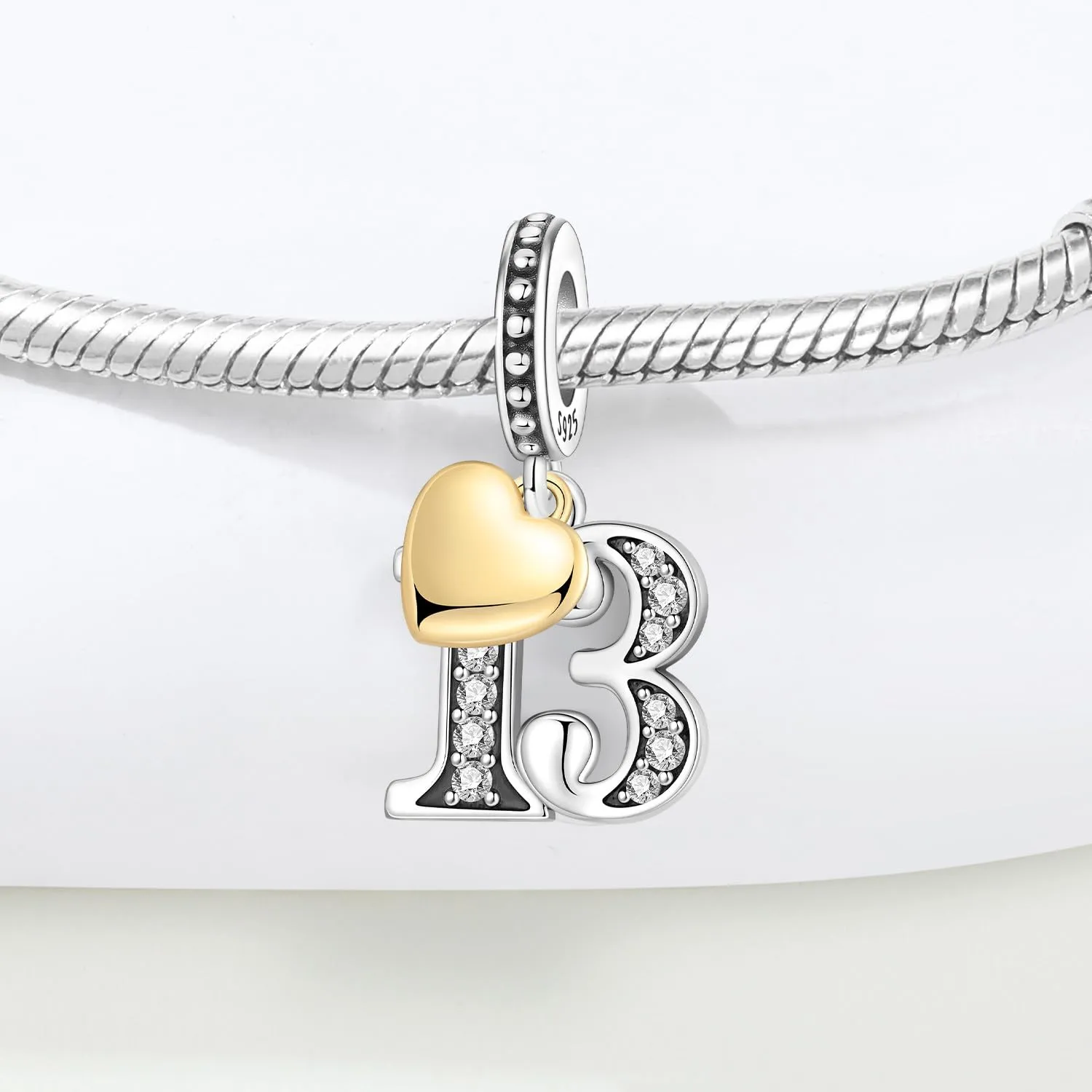 PANPOKI Ciondoli Numerici Argento 925 con Cuore Placcato Oro 18K e Zirconi - Numeri 10 13 15 16 18 20 21 25 30 40 50 60 - immagine 3