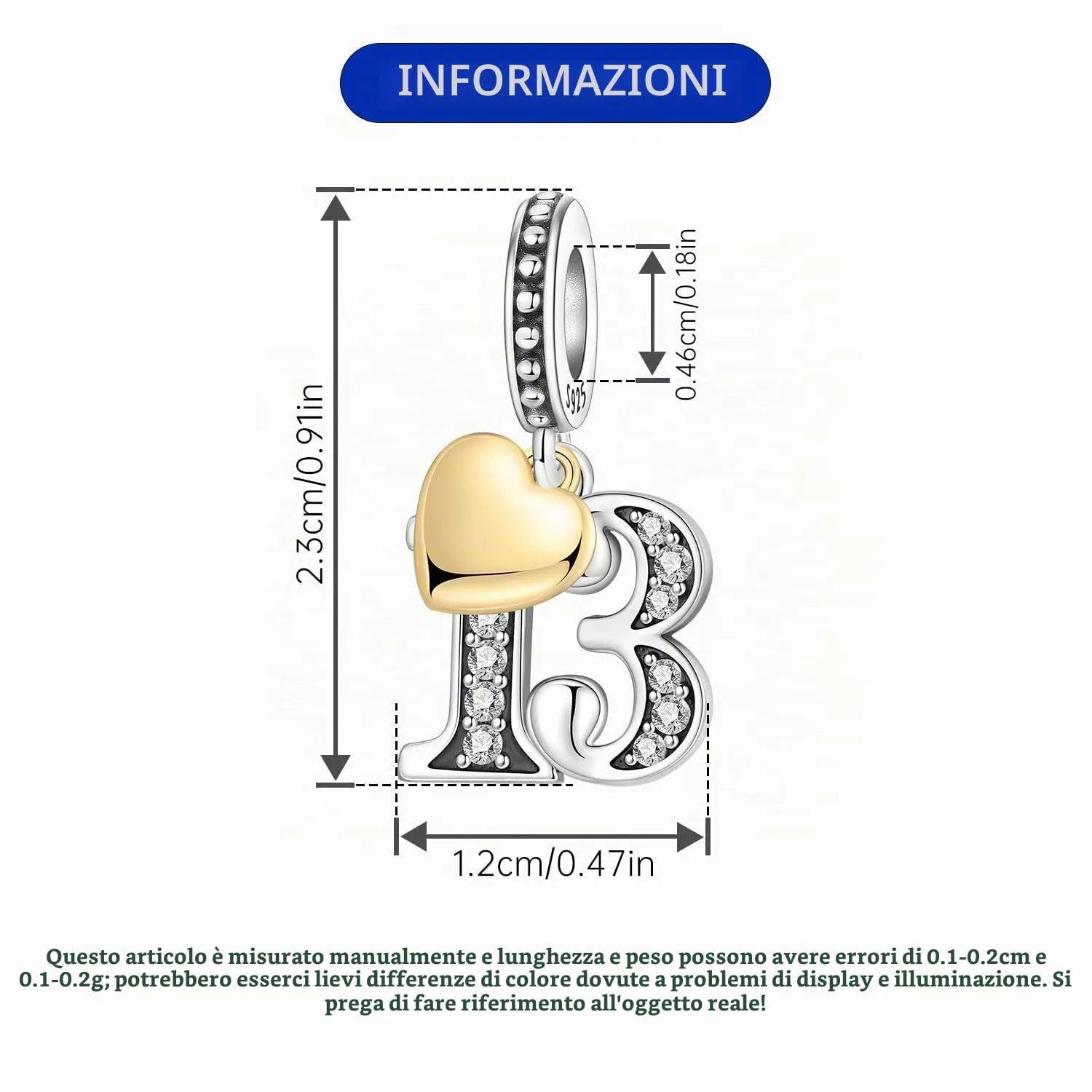 PANPOKI Ciondoli Numerici Argento 925 con Cuore Placcato Oro 18K e Zirconi - Numeri 10 13 15 16 18 20 21 25 30 40 50 60 - immagine 4